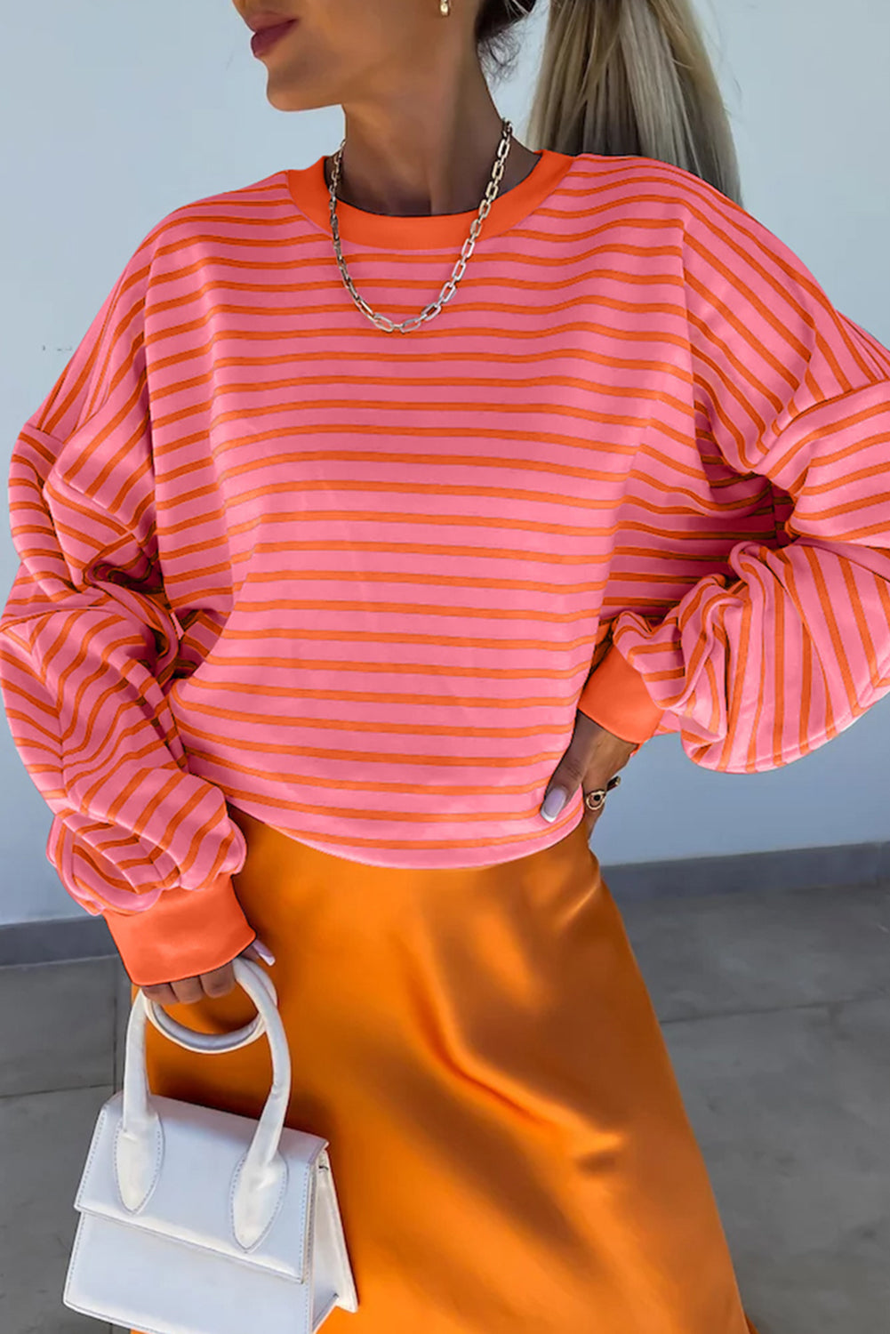 Blue Zone Planet | Orange Stripe Drop Shoulder Crew Neck Loose Sweatshirt-TOPS / DRESSES-[Adult]-[Female]-Russet Orange-S-2022 Online Blue Zone Planet