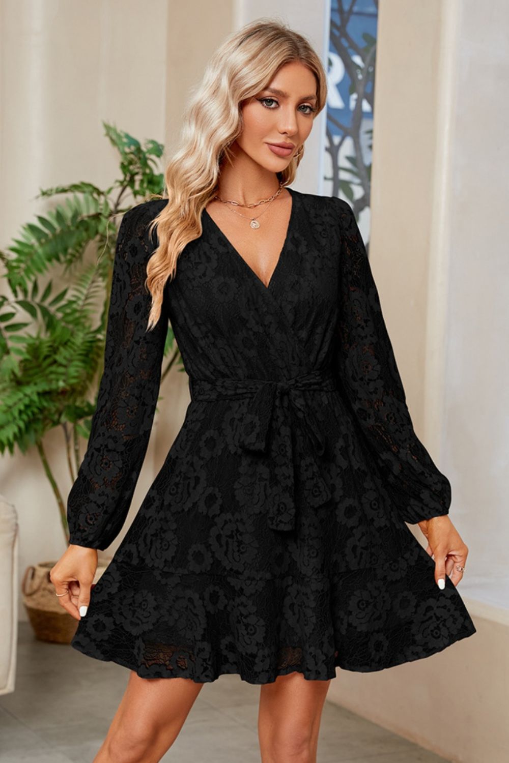 Surplice Lace Long Sleeve Mini Dress-TOPS / DRESSES-[Adult]-[Female]-Black-S-2022 Online Blue Zone Planet