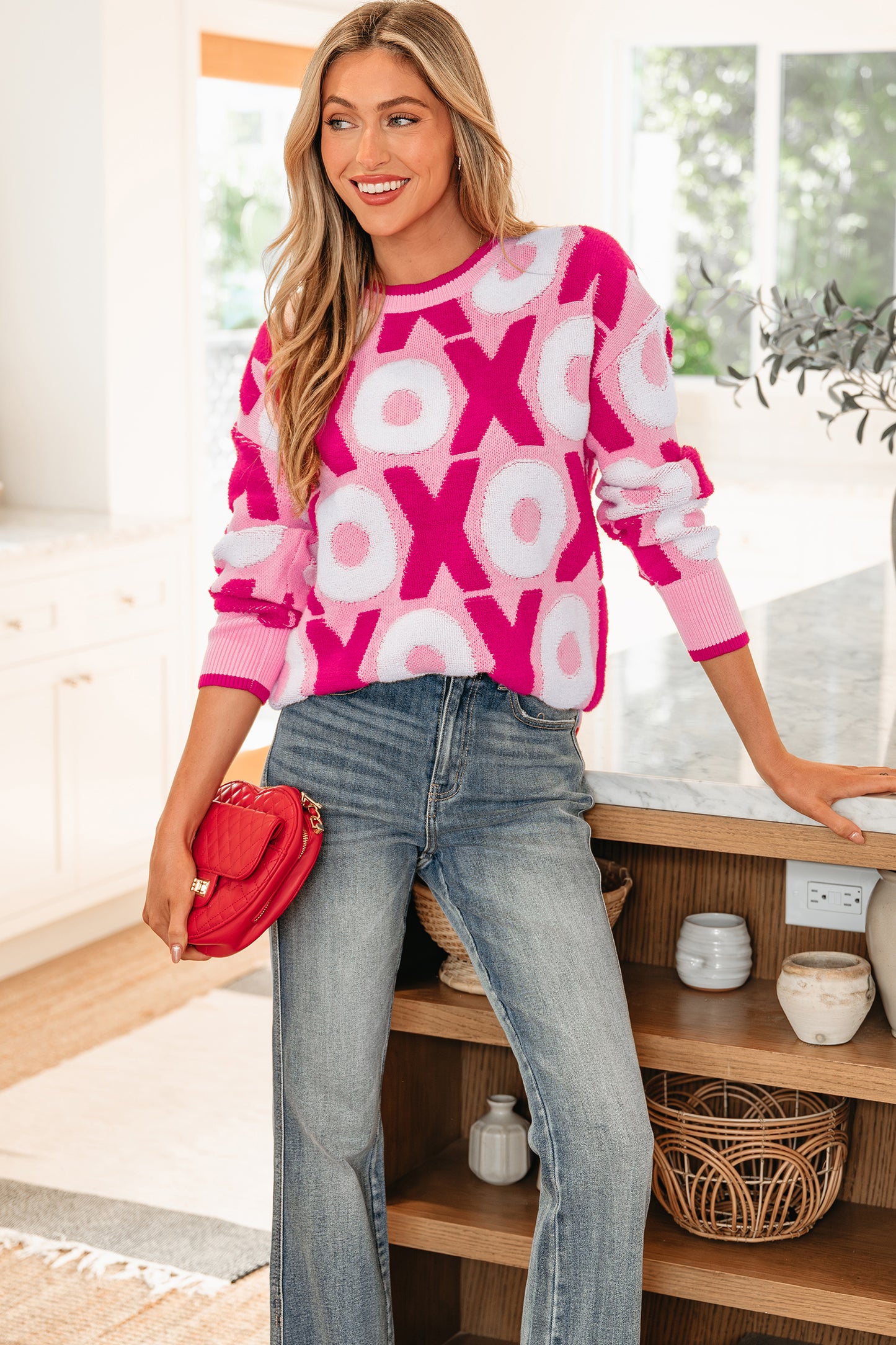 Pink XOXO Pattern Drop Shoulder Crewneck Valentines Sweater-Sweaters & Cardigans/Sweaters-[Adult]-[Female]-2022 Online Blue Zone Planet