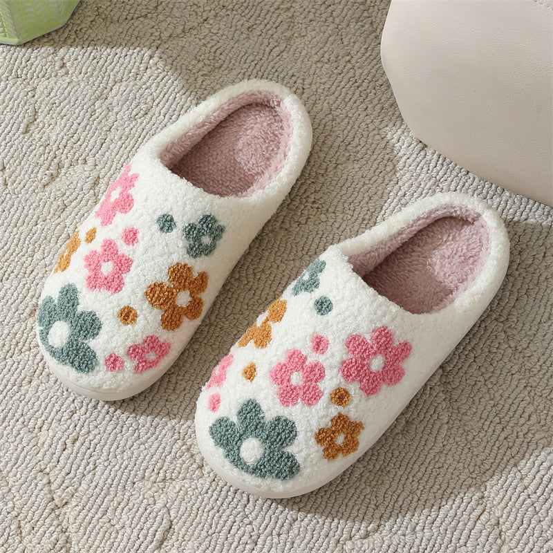 Blue Zone Planet | Flower Pattern Cotton Slippers Indoor Home Plush Warm Slippers-[Adult]-[Female]-White-36/37-2022 Online Blue Zone Planet