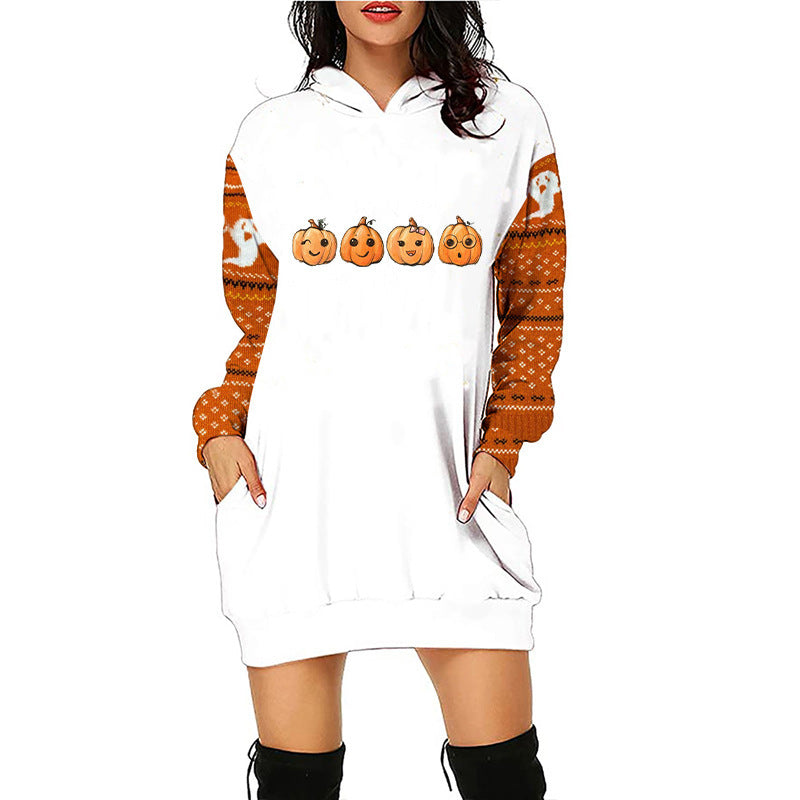 Blue Zone Planet | Women Halloween Pumpkin Print Hoodie Dress-TOPS / DRESSES-[Adult]-[Female]-Pattern9-S-2022 Online Blue Zone Planet