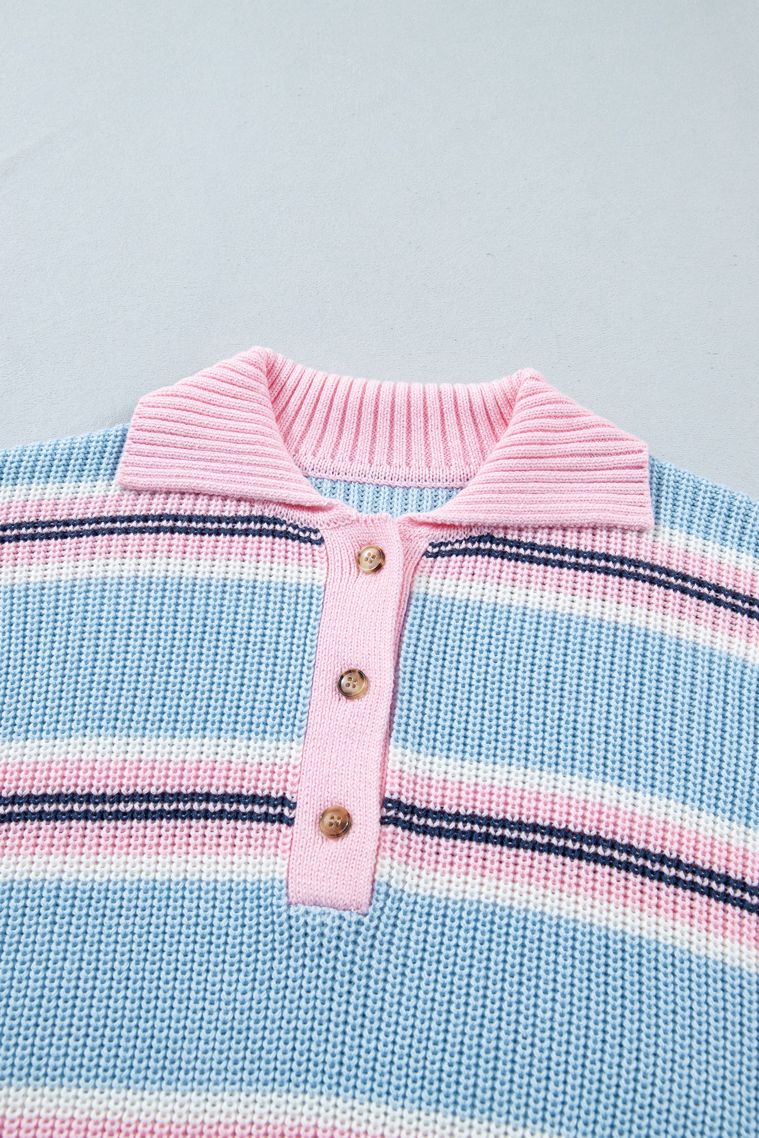 Sky Blue Stripe Striped Button Collar Long Sleeve Shift Fit Winter Knitwear Sweater-TOPS / DRESSES-[Adult]-[Female]-2022 Online Blue Zone Planet