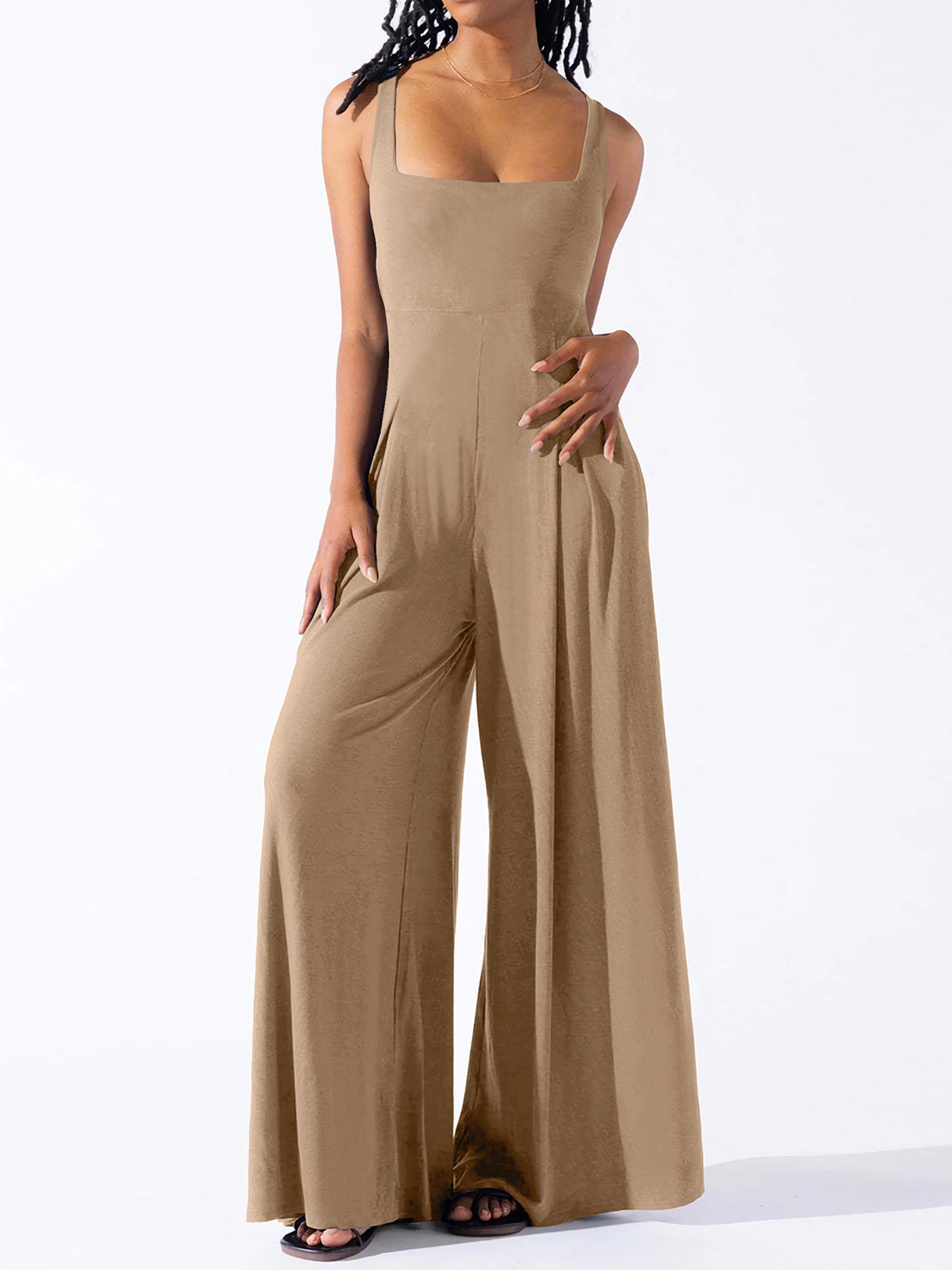 Square Neck Wide Strap Jumpsuit-[Adult]-[Female]-Camel-S-2022 Online Blue Zone Planet