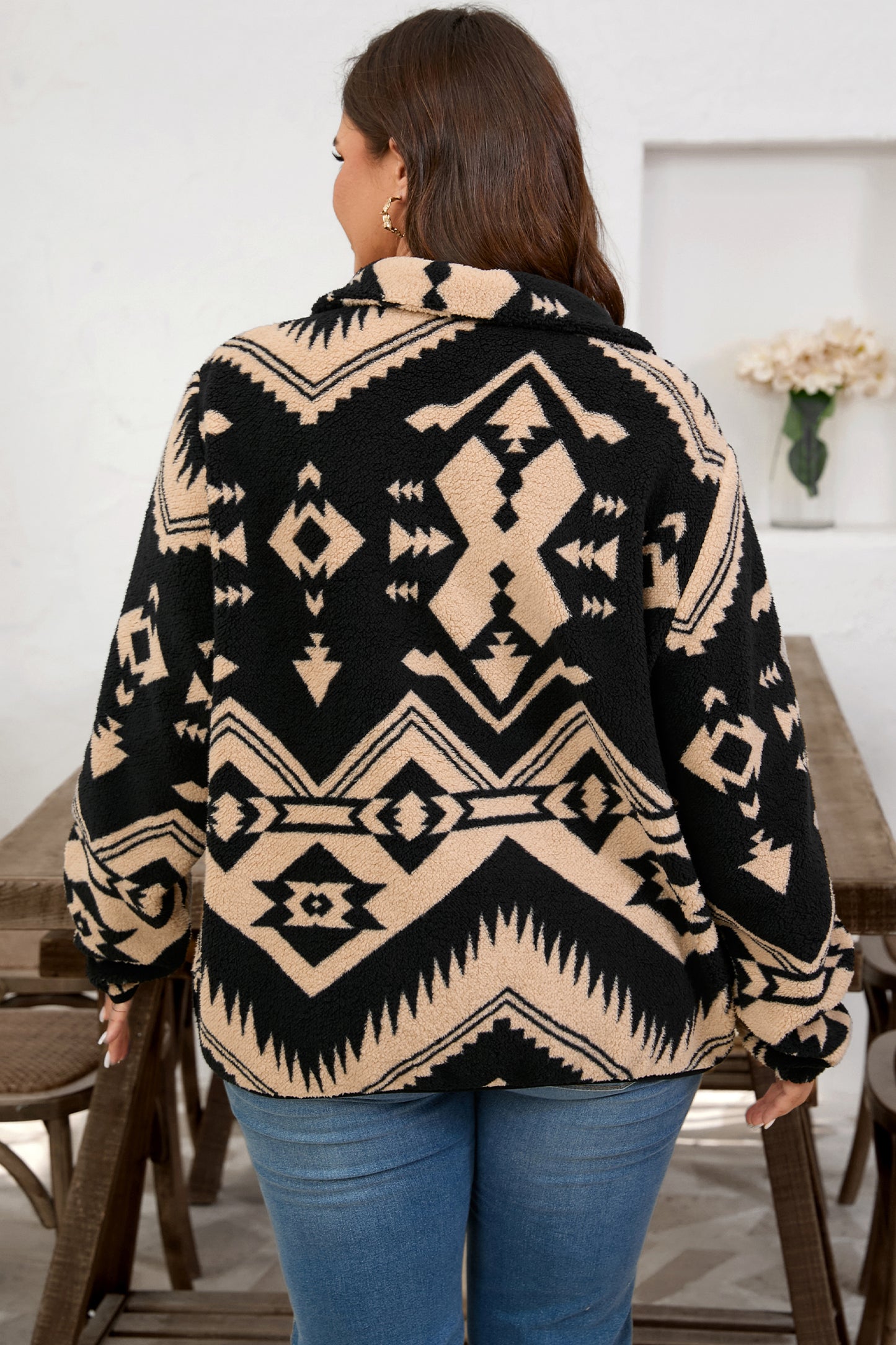 Black Plus Size Western Aztec Pattern Half Button Collared Plush Sweatshirt-Plus Size/Plus Size Sweatshirts & Hoodies-[Adult]-[Female]-2022 Online Blue Zone Planet