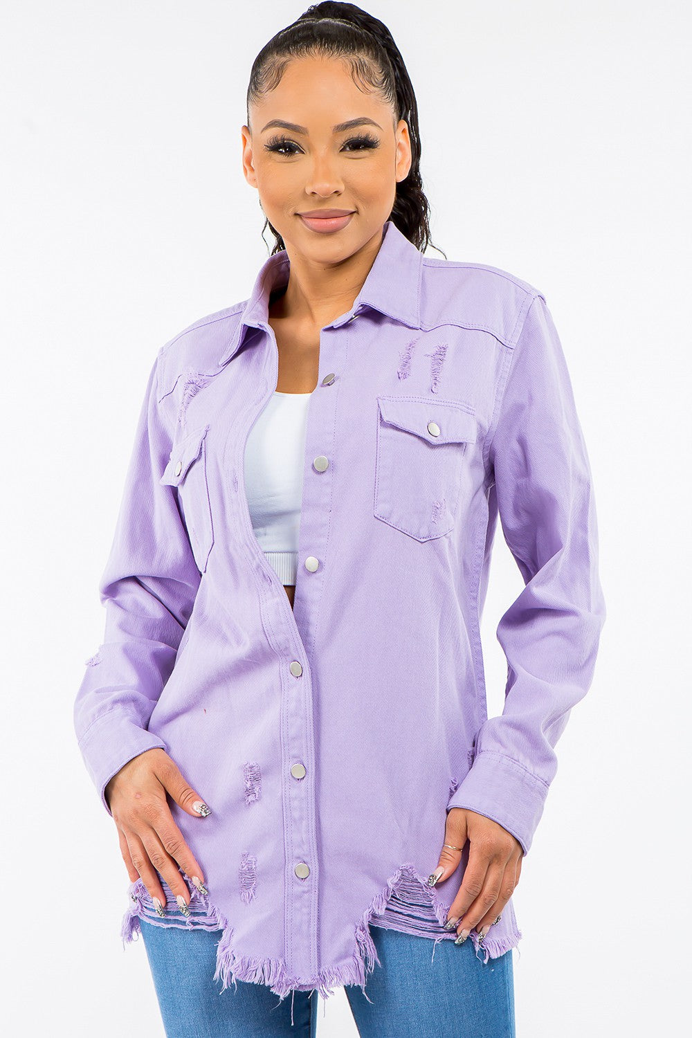 American Bazi Frayed Hem Distressed Denim Jacket-TOPS / DRESSES-[Adult]-[Female]-Lavender-S-2022 Online Blue Zone Planet