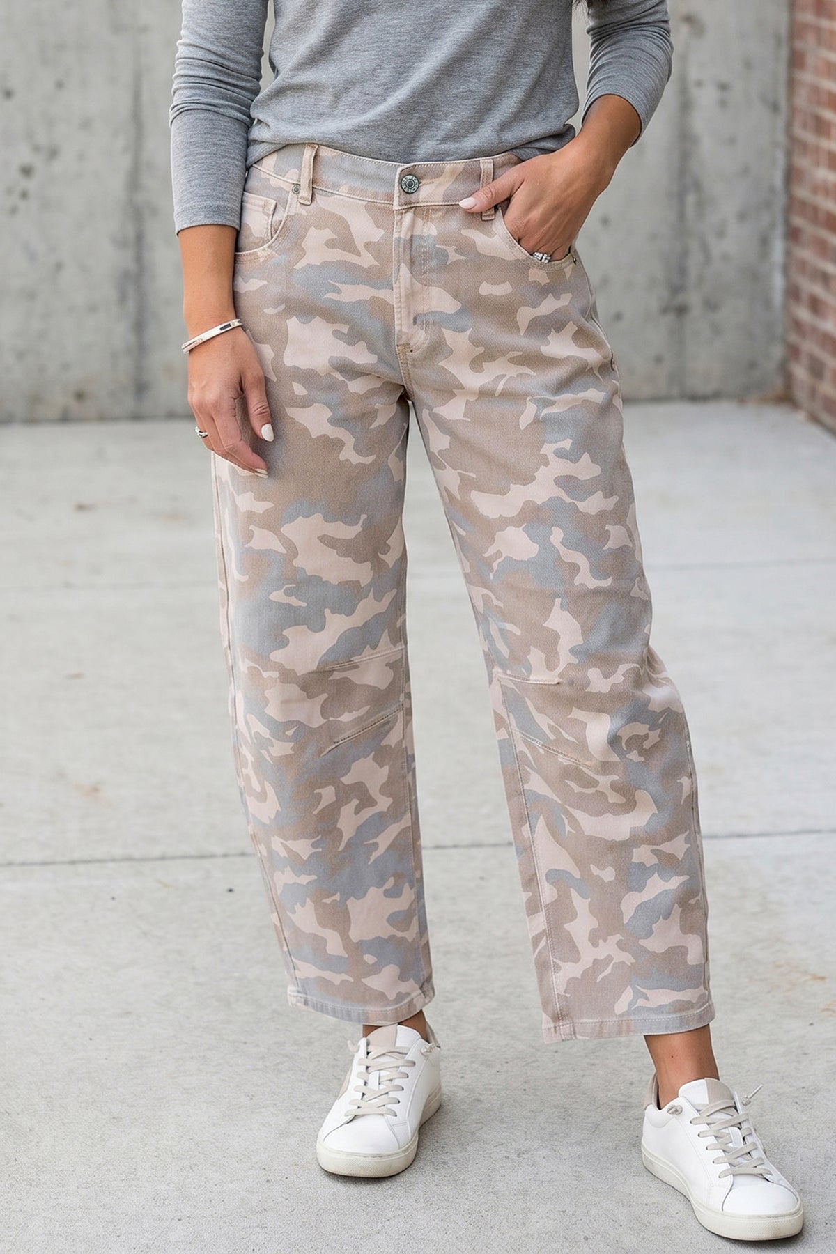 Khaki Camouflage Pattern Pocket Rivet Detail Ankle-Length Harem Fit Jeans-Bottoms/Jeans-[Adult]-[Female]-2022 Online Blue Zone Planet