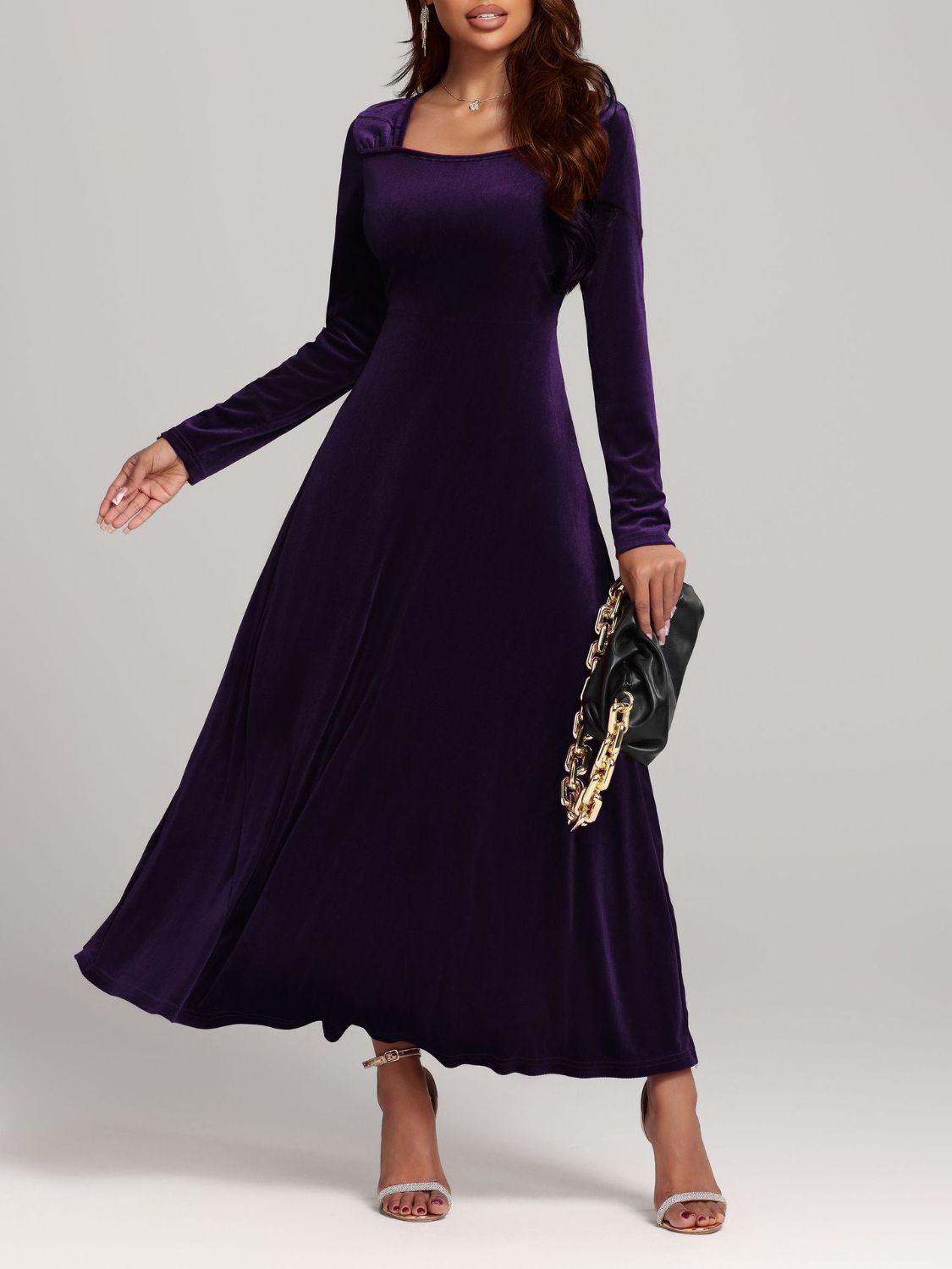 Blue Zone Planet | Square Neck Long Sleeve Velvet Dress-TOPS / DRESSES-[Adult]-[Female]-Violet-S-2022 Online Blue Zone Planet