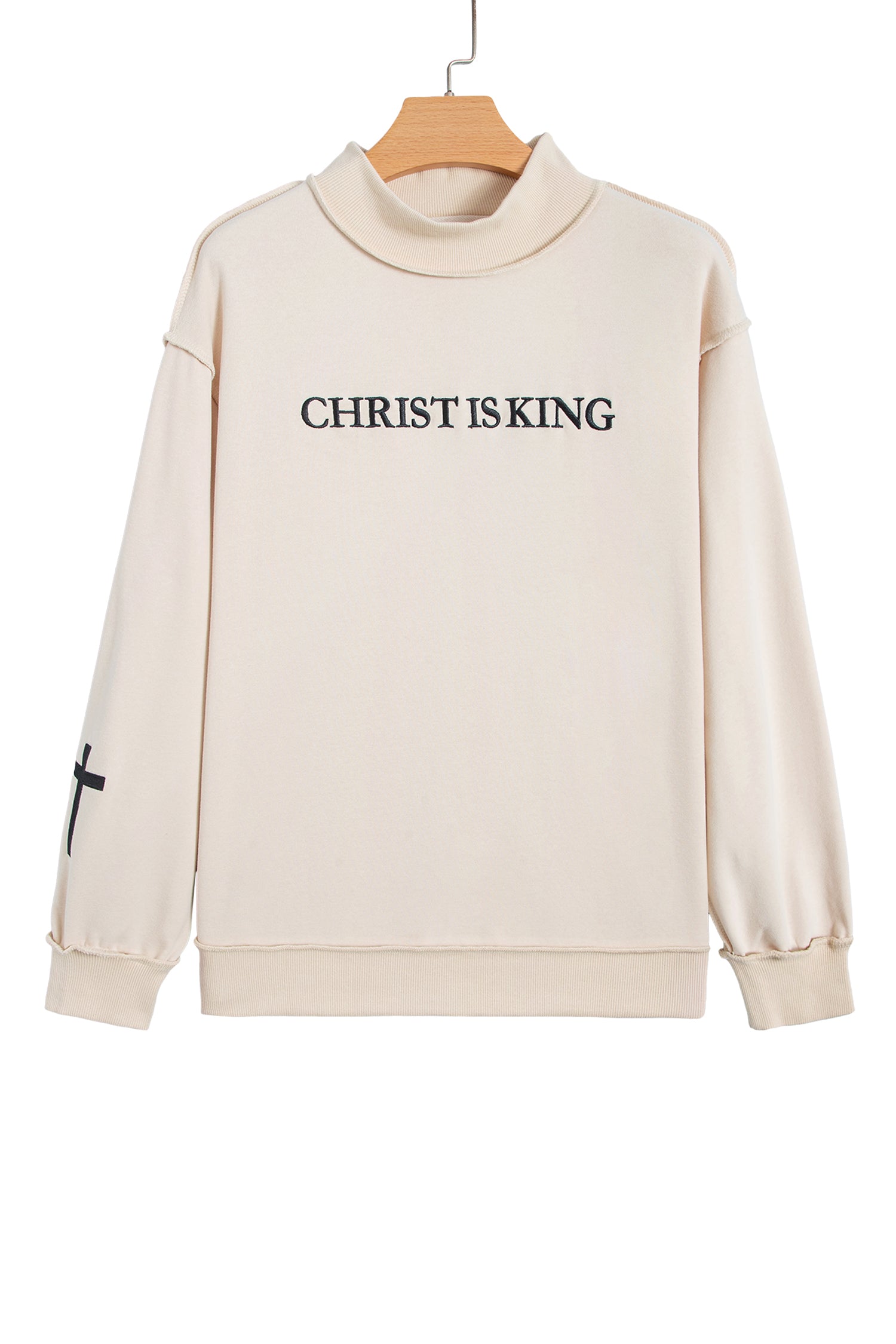 Beige CHRIST IS KING Embroidery High Neck Baggy Sweatshirt-Tops / Dresses-[Adult]-[Female]-2022 Online Blue Zone Planet