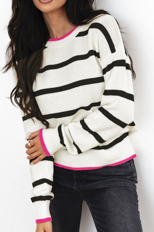 Striped Round Neck Drop Shoulder Sweater-TOPS / DRESSES-[Adult]-[Female]-Stripe-S-2022 Online Blue Zone Planet