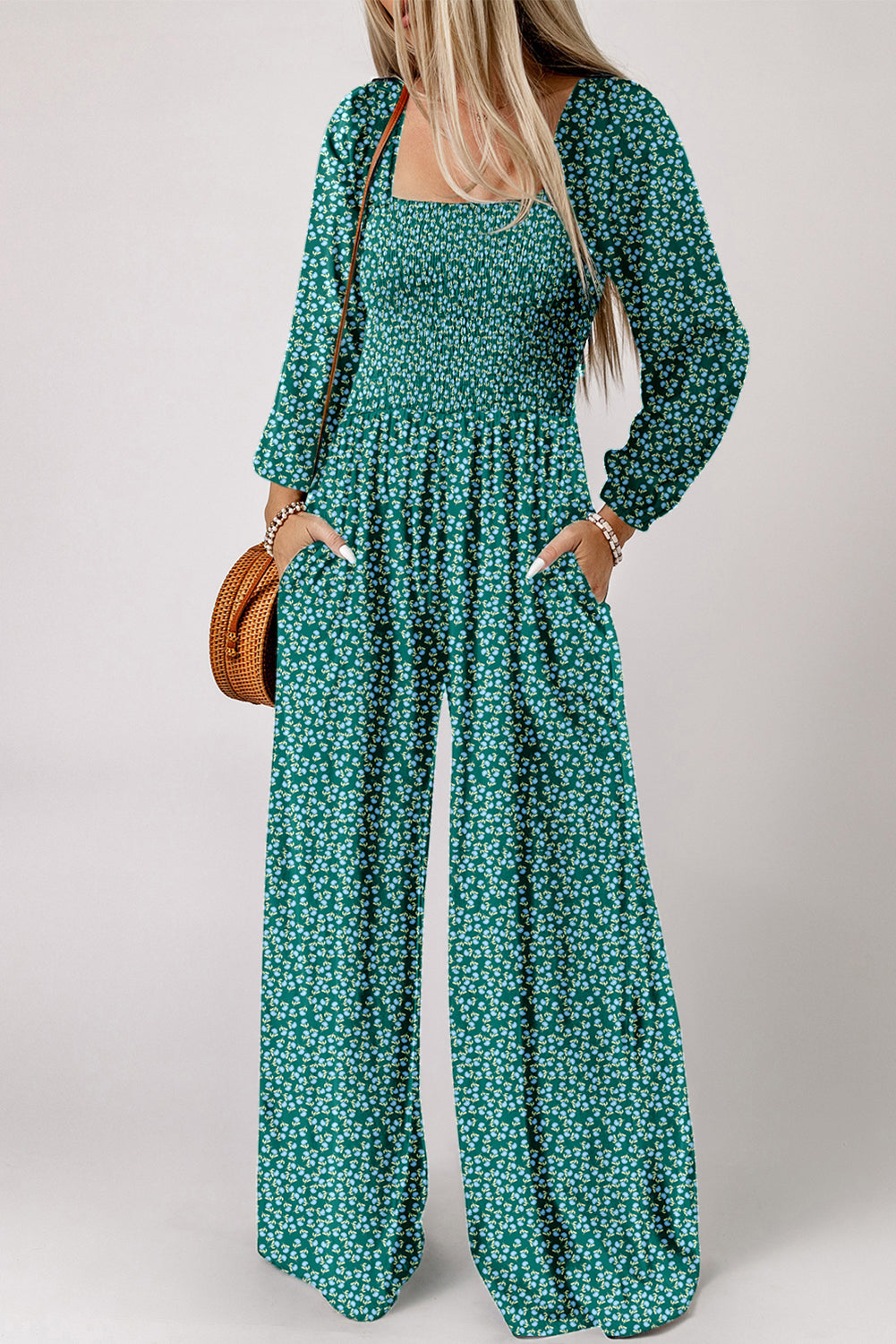 Green Floral Print Western Smocked Bodice Square Neck Wide Leg Jumpsuit-Bottoms/Jumpsuits & Rompers-[Adult]-[Female]-Green-S-2022 Online Blue Zone Planet