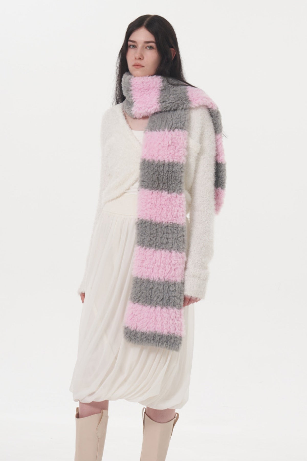 Fuzzy Contrast Striped Scarf-SCARVES-[Adult]-[Female]-Pink-One Size-2022 Online Blue Zone Planet