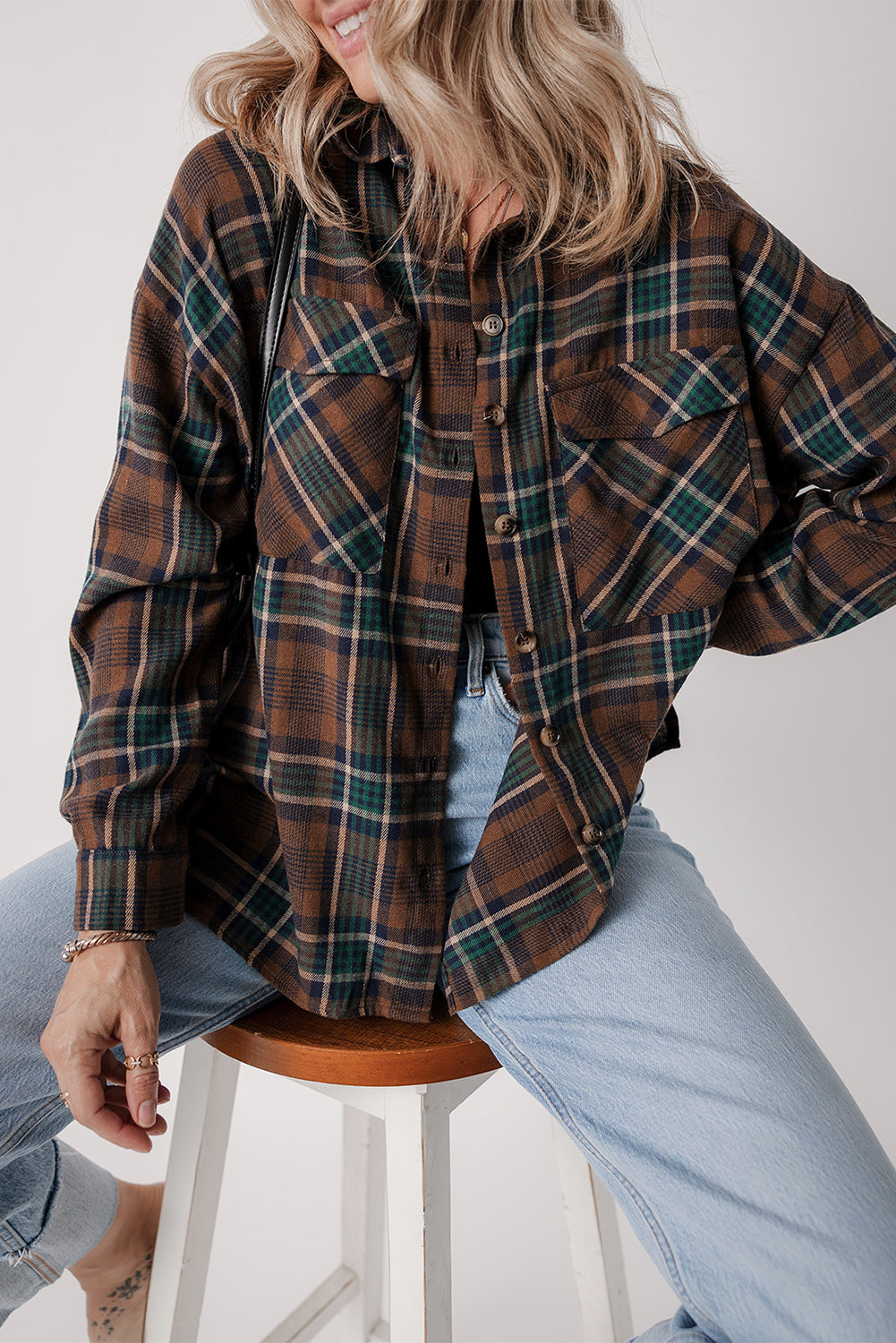 Brown Plaid Print Chest Pockets Buttoned Shirt Jacket-Outerwear/Plaid Shackets-[Adult]-[Female]-2022 Online Blue Zone Planet