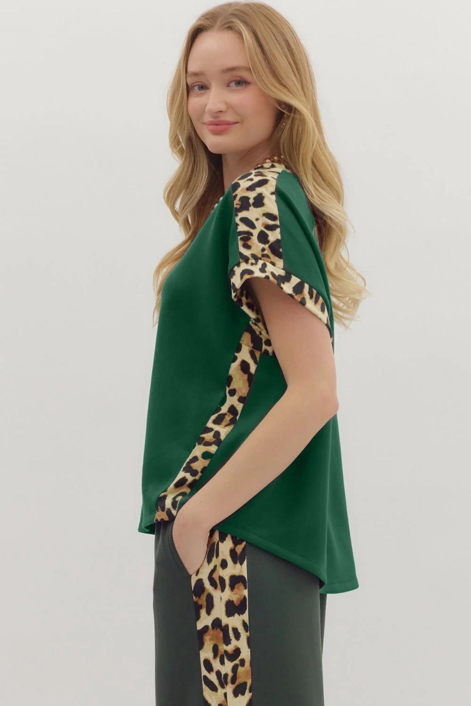 Sea Green Leopard Trim Round Neck Loose T Shirt-Tops/Tops & Tees-[Adult]-[Female]-2022 Online Blue Zone Planet