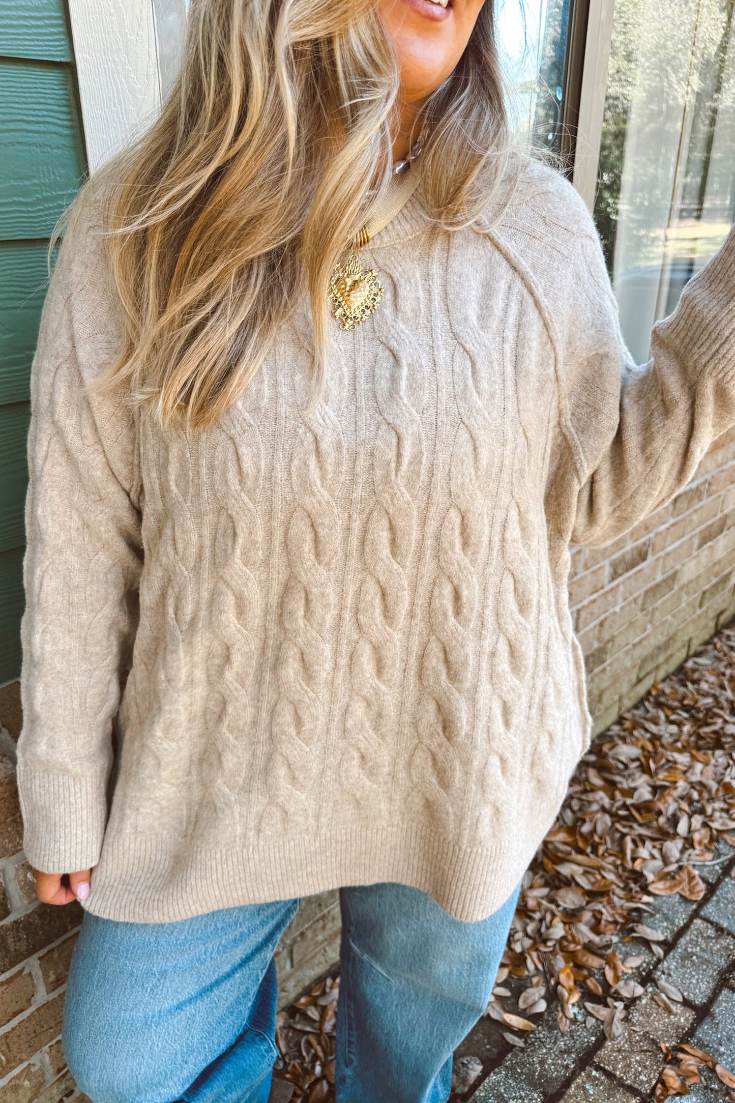 Parchment Oversized Cable Knit Long Sleeve Round Neck Tunic Length Plus Size Sweater