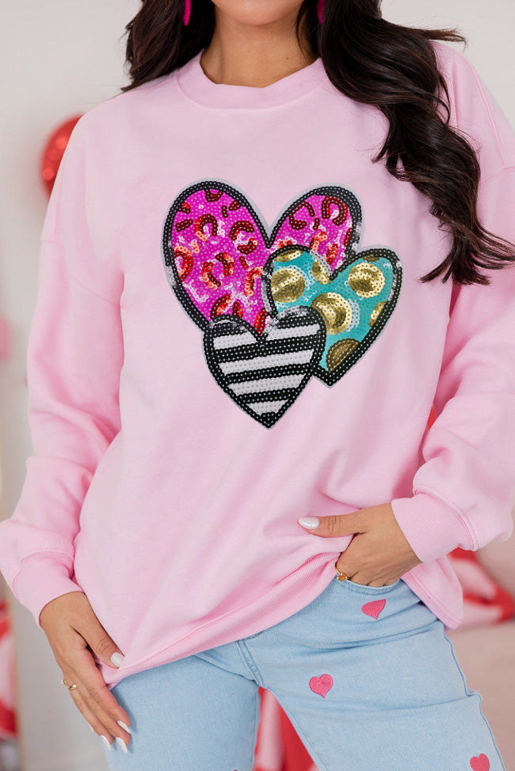 Pink Leopard Heart Patched Graphic Valentines Pullover Sweatshirt-Graphic Sweatshirts-[Adult]-[Female]-2022 Online Blue Zone Planet