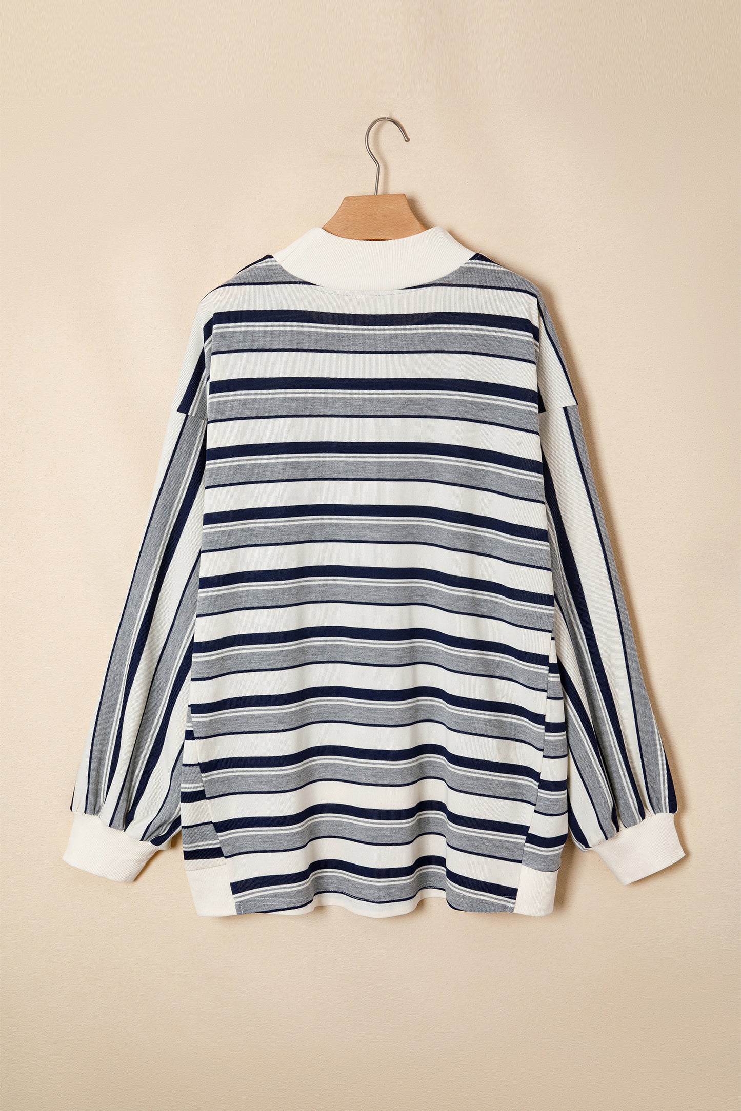 Blue Stripe Striped Ribbed Stand Neck Long Sleeve Shift Silhouette Sweatshirt-Tops/Sweatshirts & Hoodies-[Adult]-[Female]-2022 Online Blue Zone Planet
