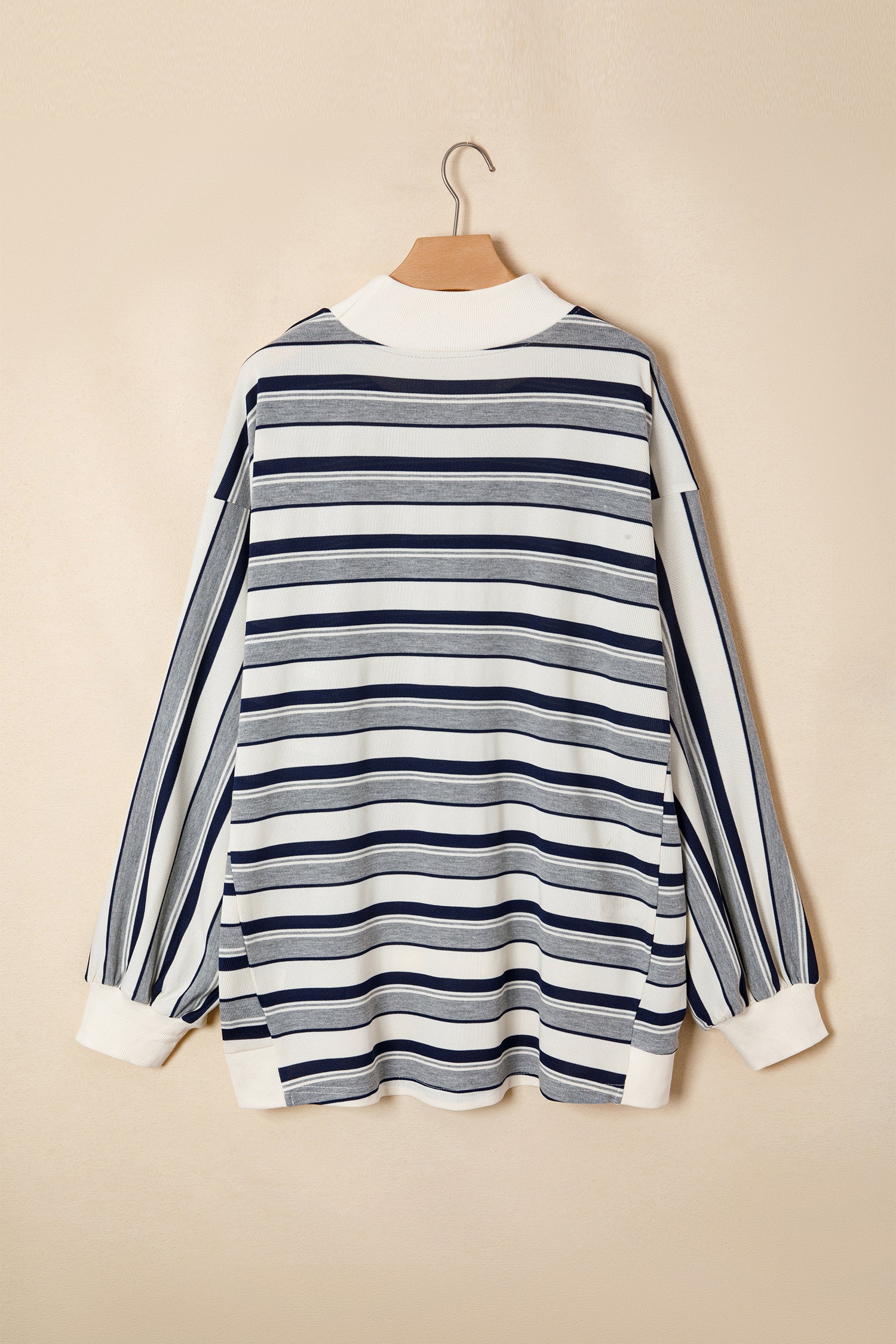 Blue Stripe Striped Ribbed Stand Neck Long Sleeve Shift Silhouette Sweatshirt-Tops/Sweatshirts & Hoodies-[Adult]-[Female]-2022 Online Blue Zone Planet