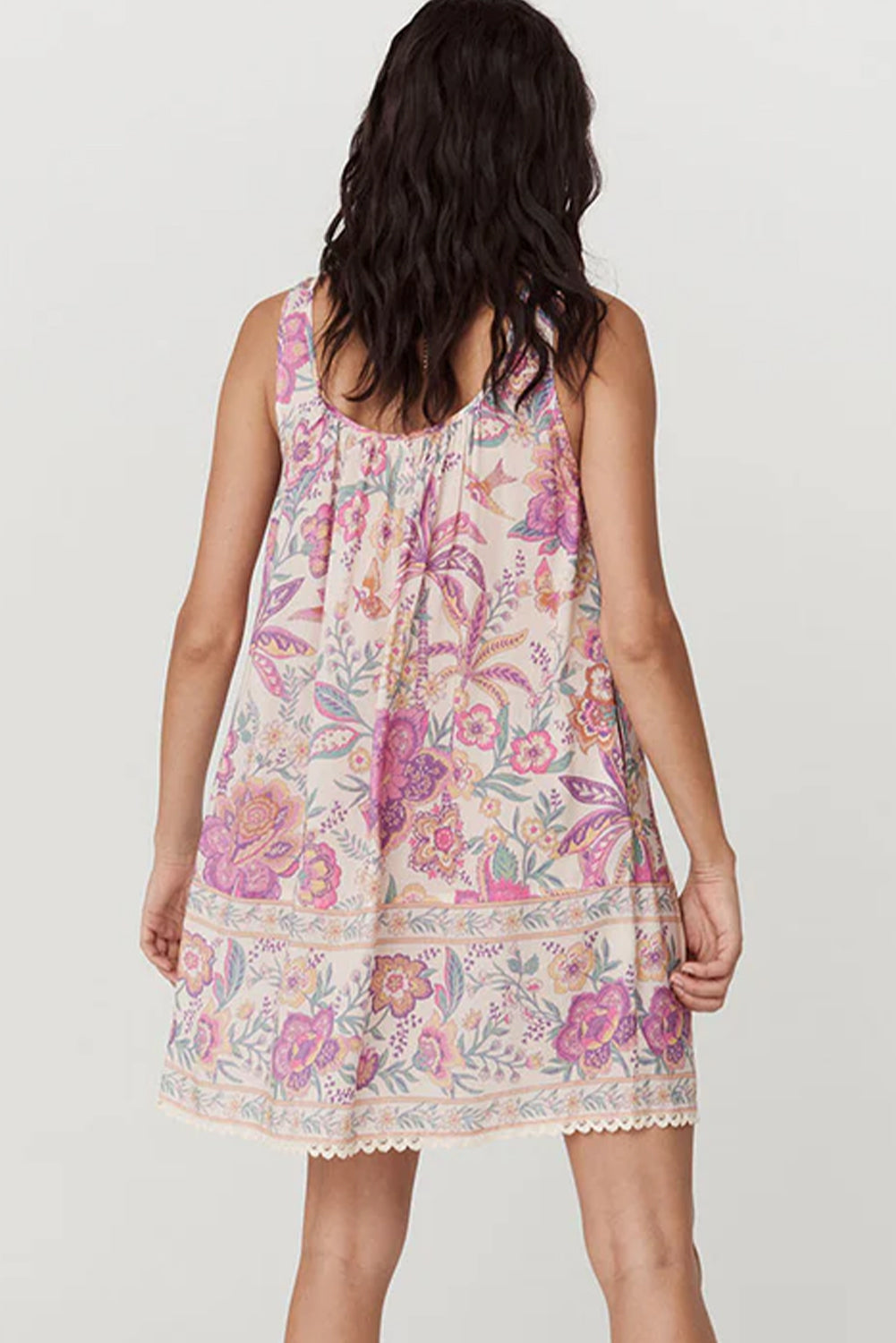 Multicolour Floral Print Fringed Tie U Neck Sleeveless Mini Dress-Dresses/Floral Dresses-[Adult]-[Female]-2022 Online Blue Zone Planet