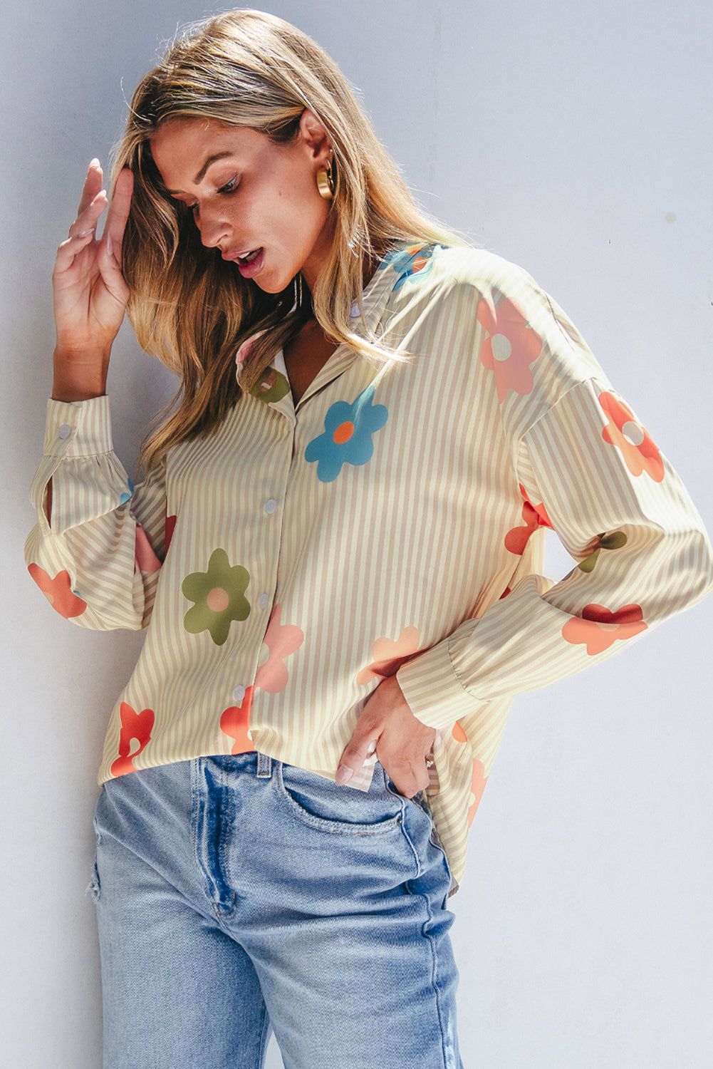 Apricot Stripe Flower Print Collared Button-up Loose Fit Shirt-Tops/Blouses & Shirts-[Adult]-[Female]-2022 Online Blue Zone Planet