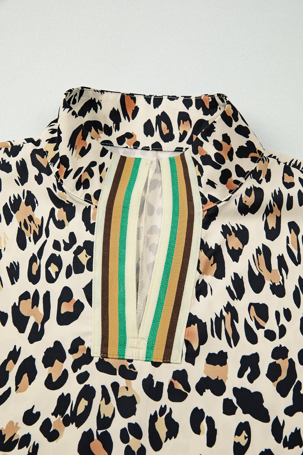 Khaki Leopard Color Block Contrast Striped V Neck Half Sleeve Loose Fit Blouse-Tops/Blouses & Shirts-[Adult]-[Female]-2022 Online Blue Zone Planet