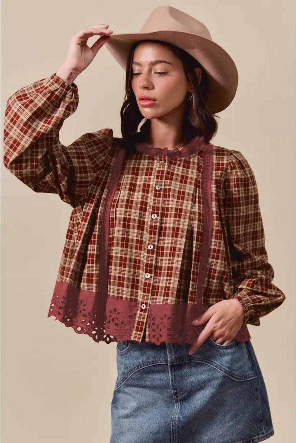 Red Dahlia Plaid Eyelet Lace Trim Button Down Loose Long Sleeve Shirt-Tops/Blouses & Shirts-[Adult]-[Female]-2022 Online Blue Zone Planet