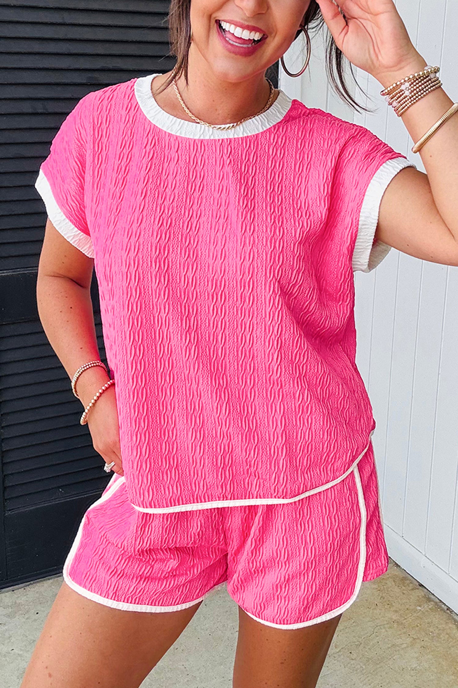 Bright Pink Textured Color Block Trim Loose Tee Drawstring Shorts 2pcs Set-Two Piece Sets/Short Sets-[Adult]-[Female]-Bright Pink-S-2022 Online Blue Zone Planet