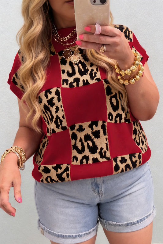 Red Plus Size Leopard Contrasted Checkered Short Sleeve Sweater-TOPS / DRESSES-[Adult]-[Female]-Red-1X-2022 Online Blue Zone Planet