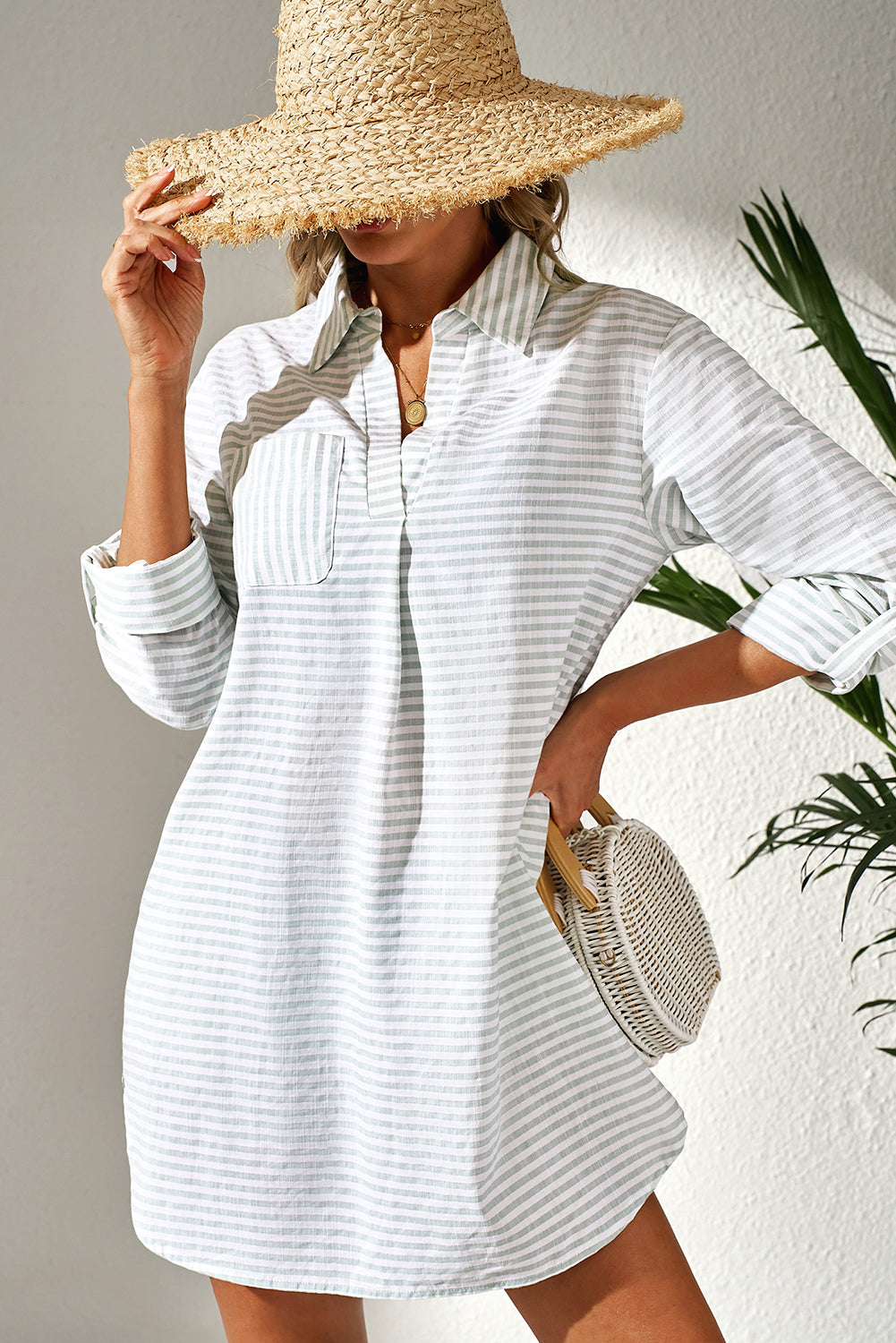White Stripe Collared V Neck Chest Pocket Long Sleeve Beach Cover up-Swimwear/Beach Cover-ups-[Adult]-[Female]-2022 Online Blue Zone Planet