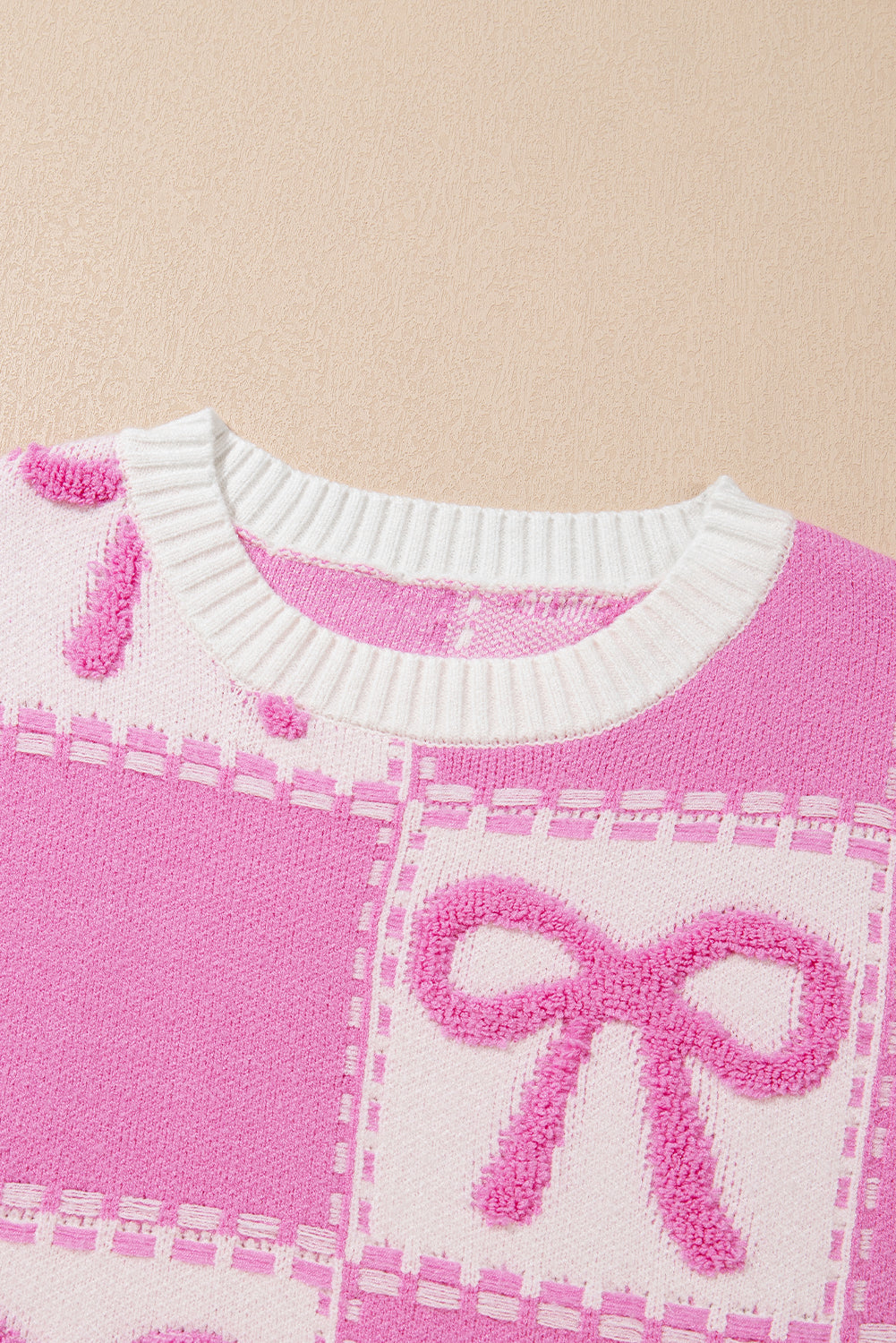 Pink Bow Knot Two Tone Checkered Crew Neck Sweater-Sweaters & Cardigans/Sweaters-[Adult]-[Female]-2022 Online Blue Zone Planet