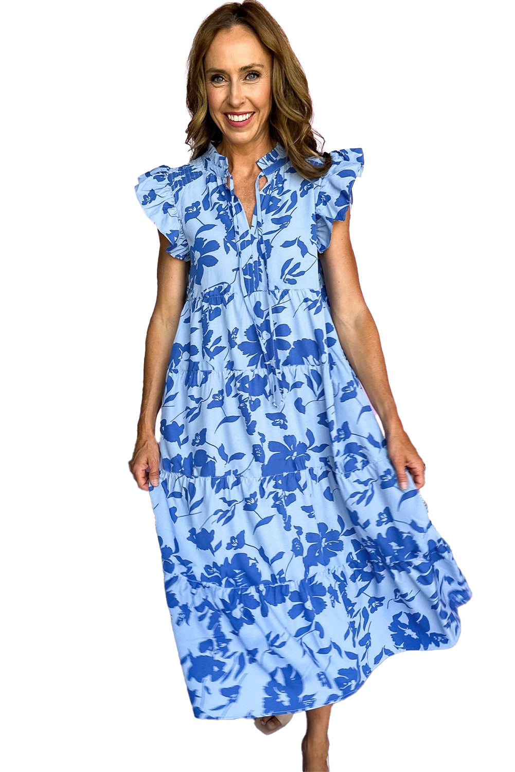 Sky Blue Floral Print Tiered Flutter Sleeve Maxi Dress-Maxi Dresses-[Adult]-[Female]-2022 Online Blue Zone Planet