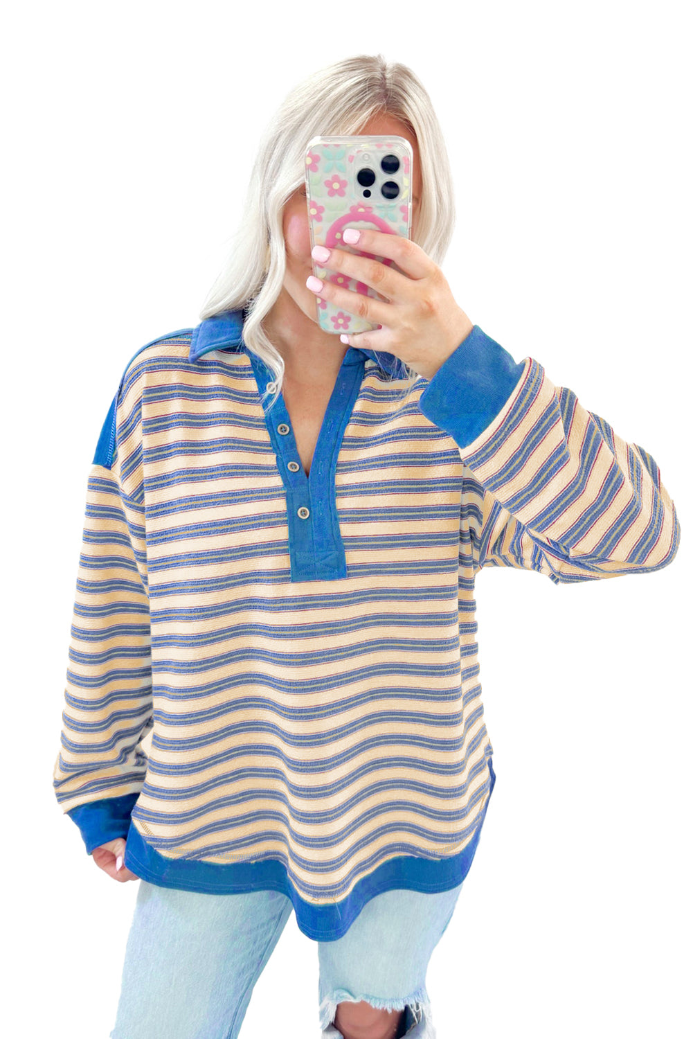 Pink Stripe Collared V Neck Drop Shoulder Top-Long Sleeve Tops-[Adult]-[Female]-2022 Online Blue Zone Planet
