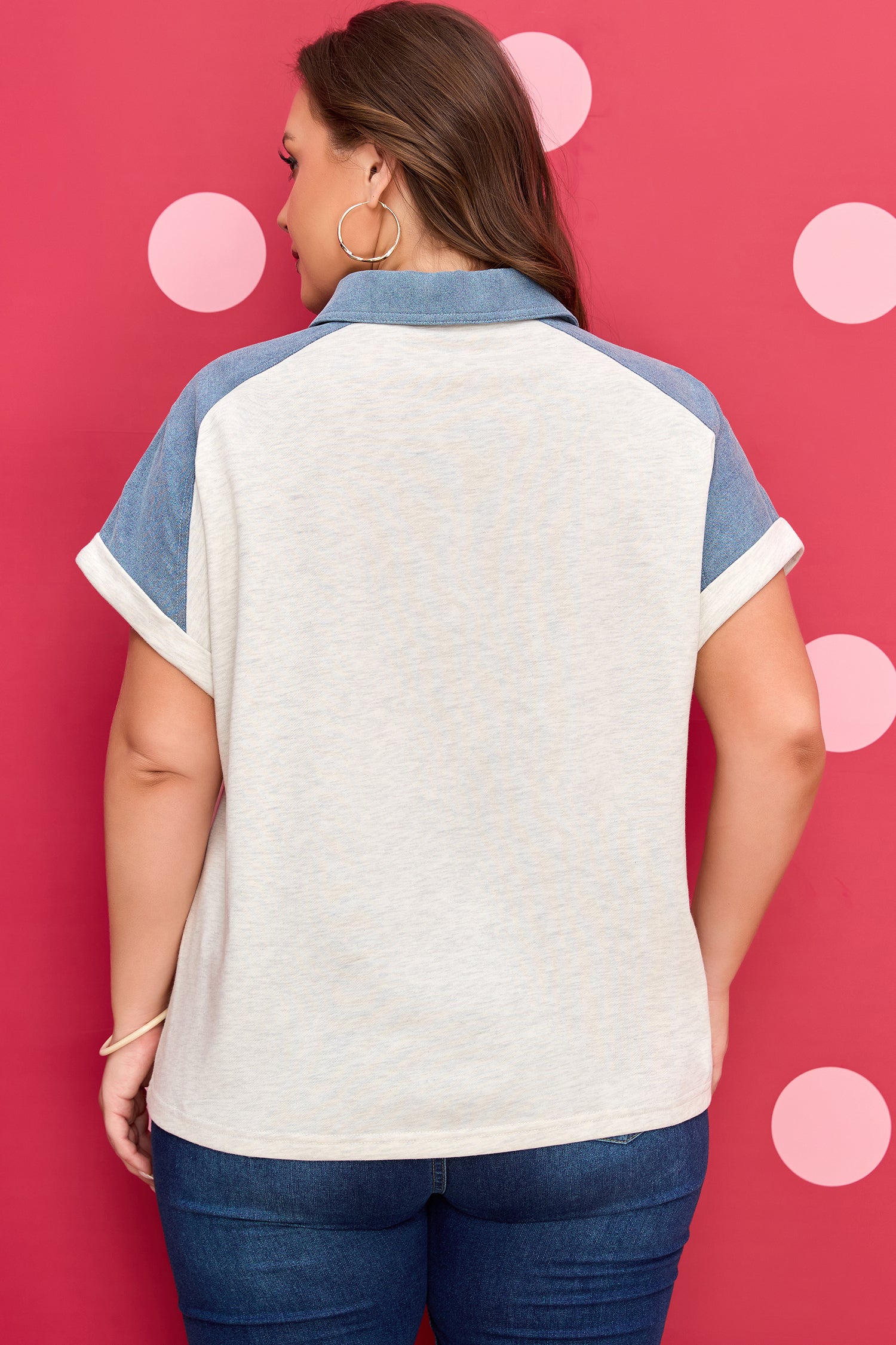 Beige Plus Size Contrast Denim Patchwork Cuffed Sleeve Polo Tee-Plus Size/Plus Size Tops/Plus Size Tops & Tees-[Adult]-[Female]-2022 Online Blue Zone Planet