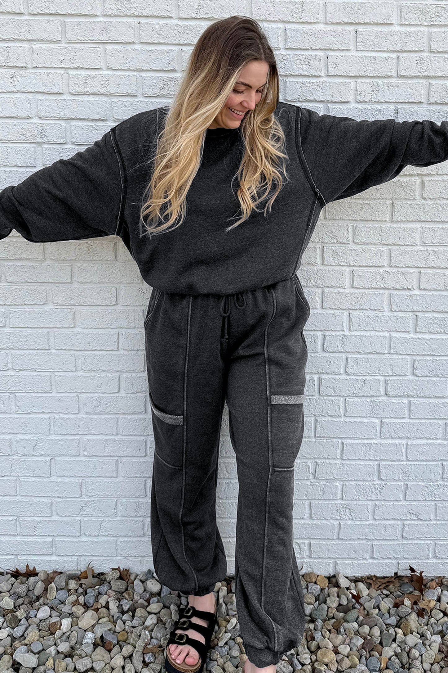 Carbon Grey Solid Colorblock Jogger Pants Set-Two Piece Sets/Pant Sets-[Adult]-[Female]-2022 Online Blue Zone Planet