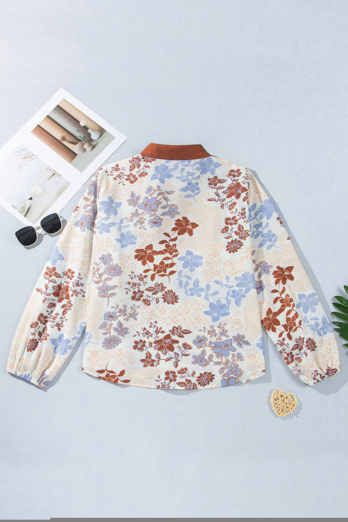 White Plus Size Floral Print Contrast Collar V Neck Long Sleeve Blouse-Plus Size/Plus Size Tops/Plus Size Blouses & Shirts-[Adult]-[Female]-2022 Online Blue Zone Planet