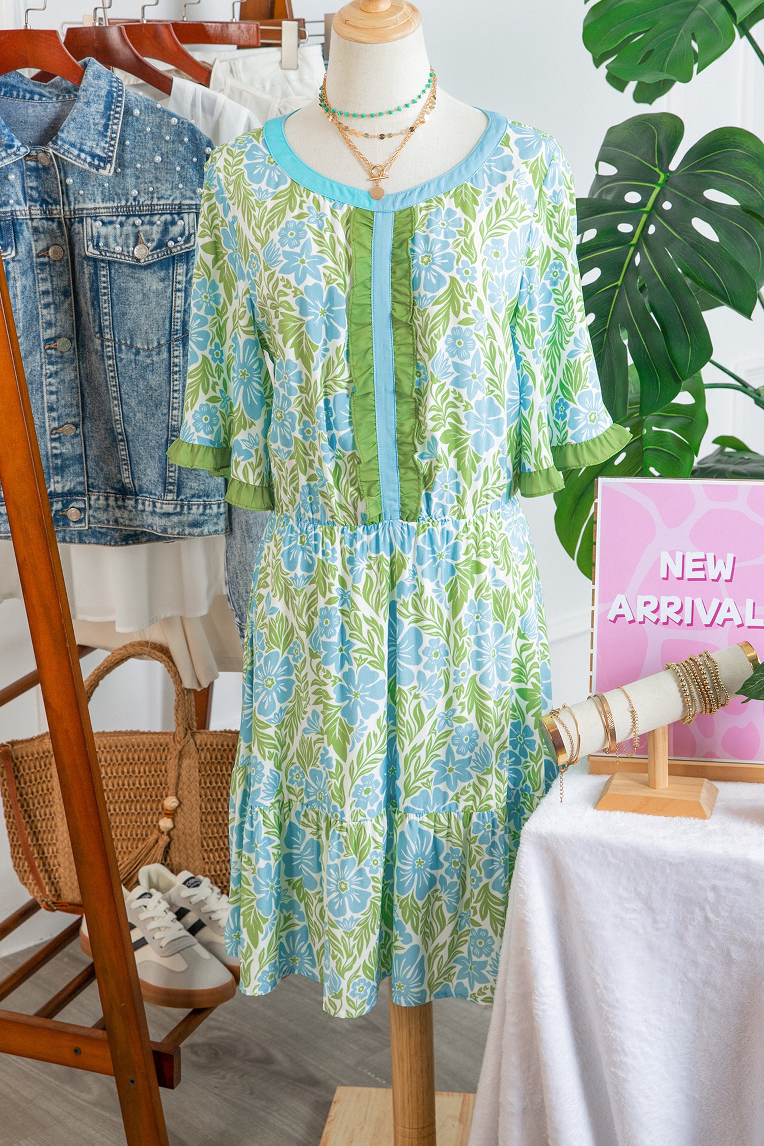 Sky Blue Floral Print High Waist Ruffle Short Sleeve Mini Dress-TOPS / DRESSES-[Adult]-[Female]-2022 Online Blue Zone Planet