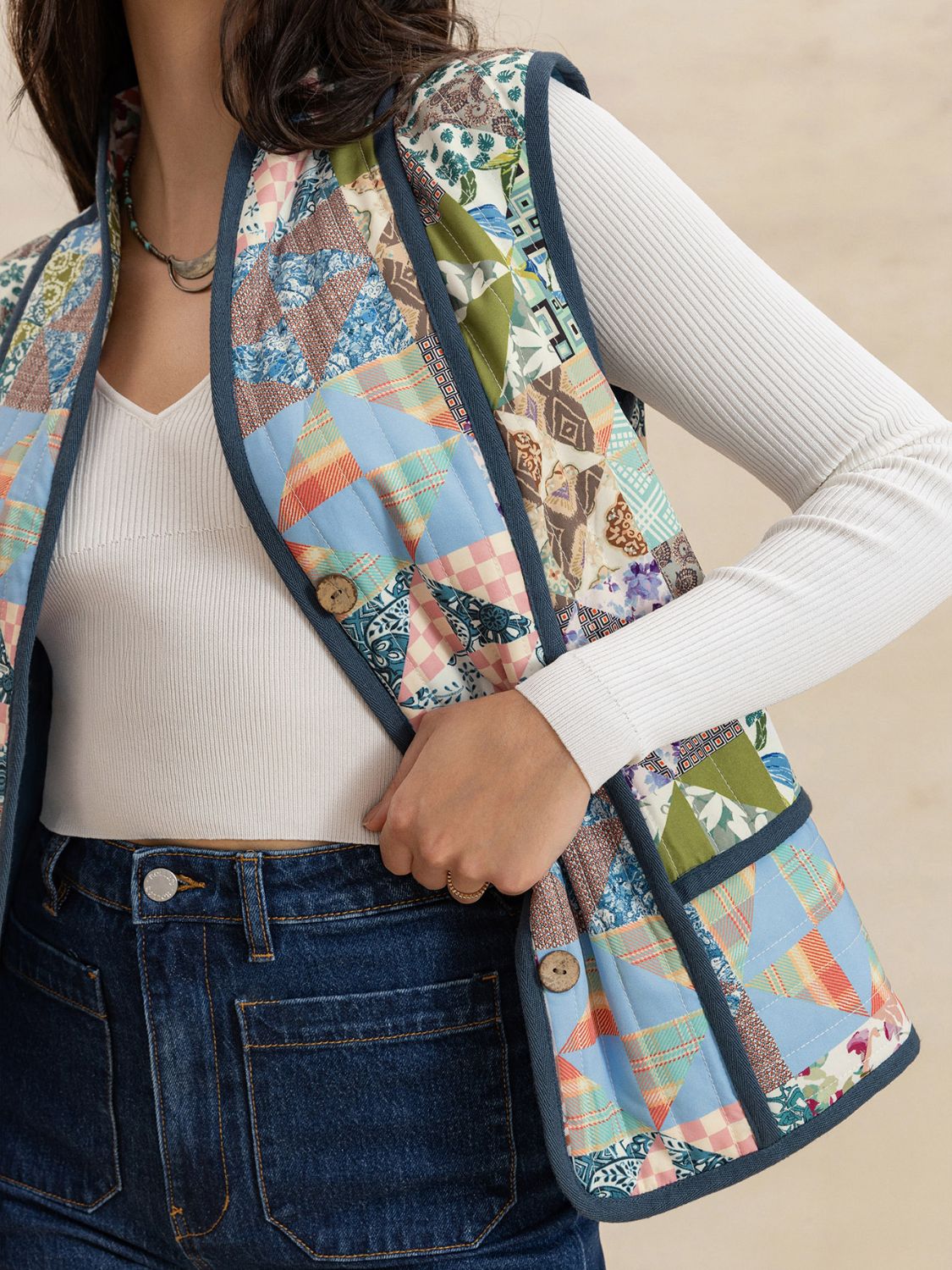 Printed Patchwork Contrast Piping Vest-TOPS / DRESSES-[Adult]-[Female]-2022 Online Blue Zone Planet
