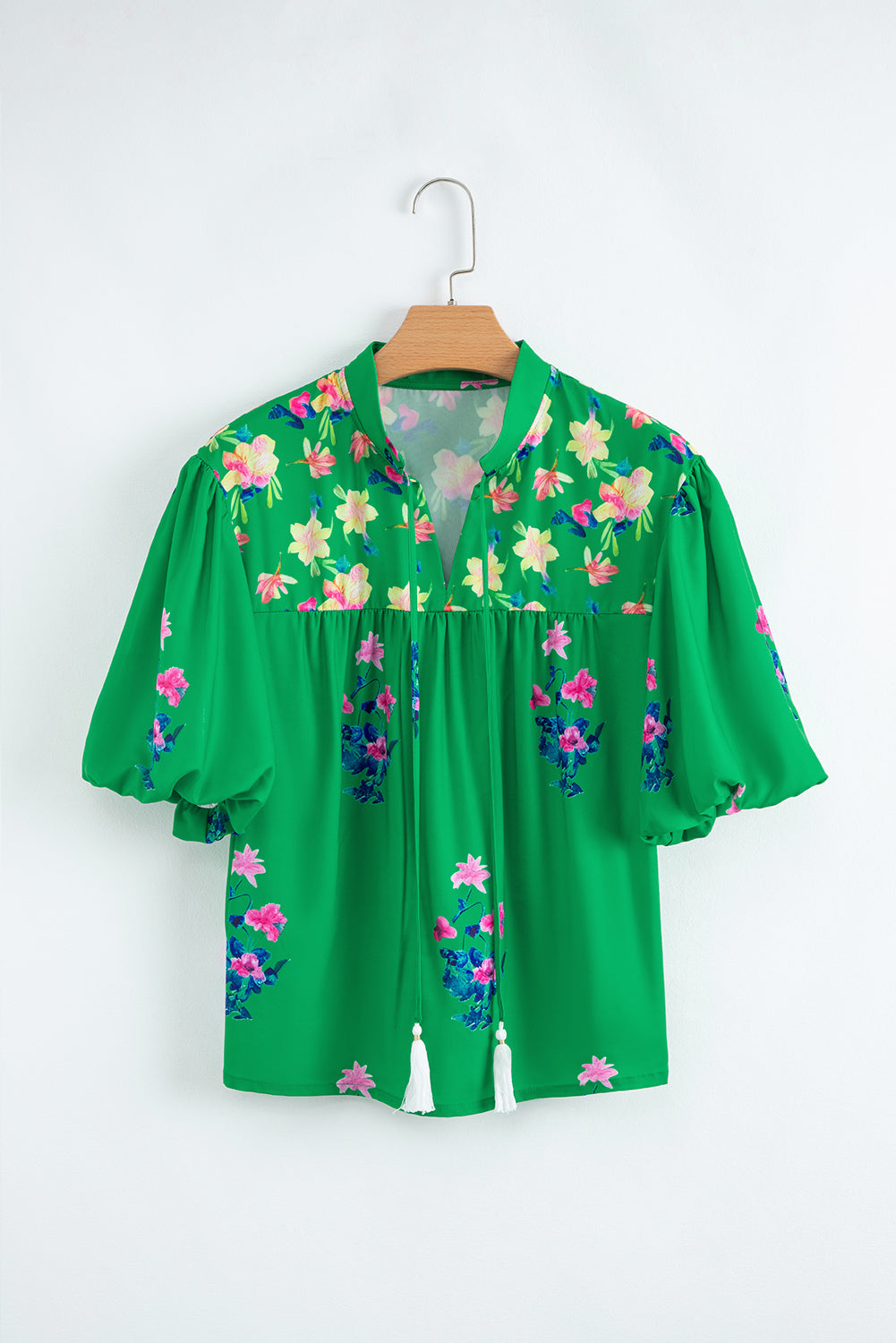Green Floral Detail Tie Split Neck Short Sleeve Blouse-Tops/Blouses & Shirts-[Adult]-[Female]-2022 Online Blue Zone Planet
