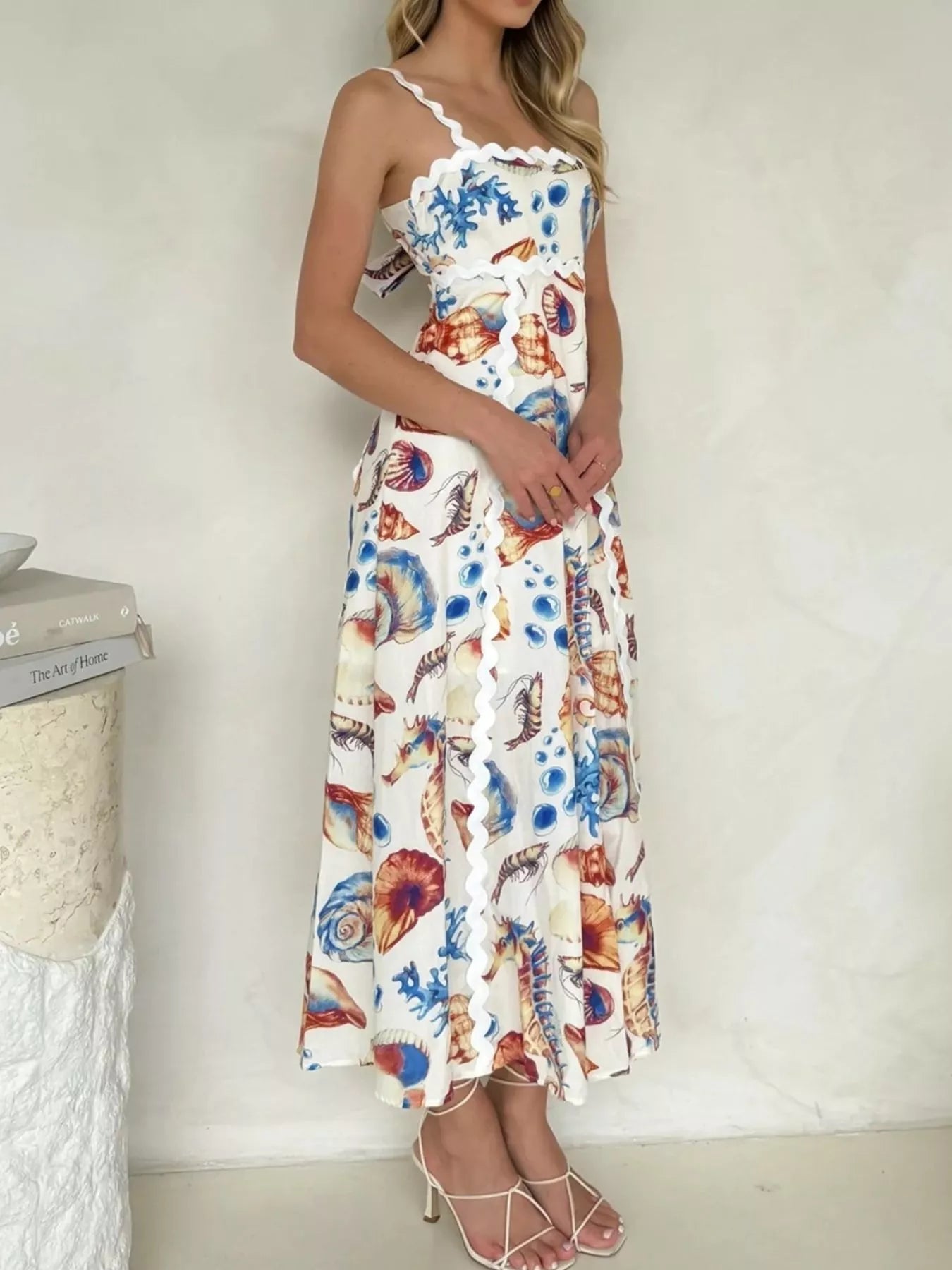 knee length dresses for ladies Linda's Seashell Print Scalloped Midi Dress – Blue Zone Planet