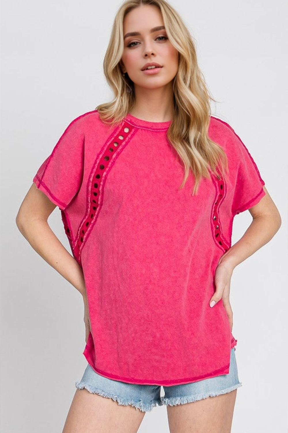 Blue Zone Planet | Double Take Full Size Cutout Round Neck Short Sleeve T-Shirt-TOPS / DRESSES-[Adult]-[Female]-Hot Pink-S-2022 Online Blue Zone Planet