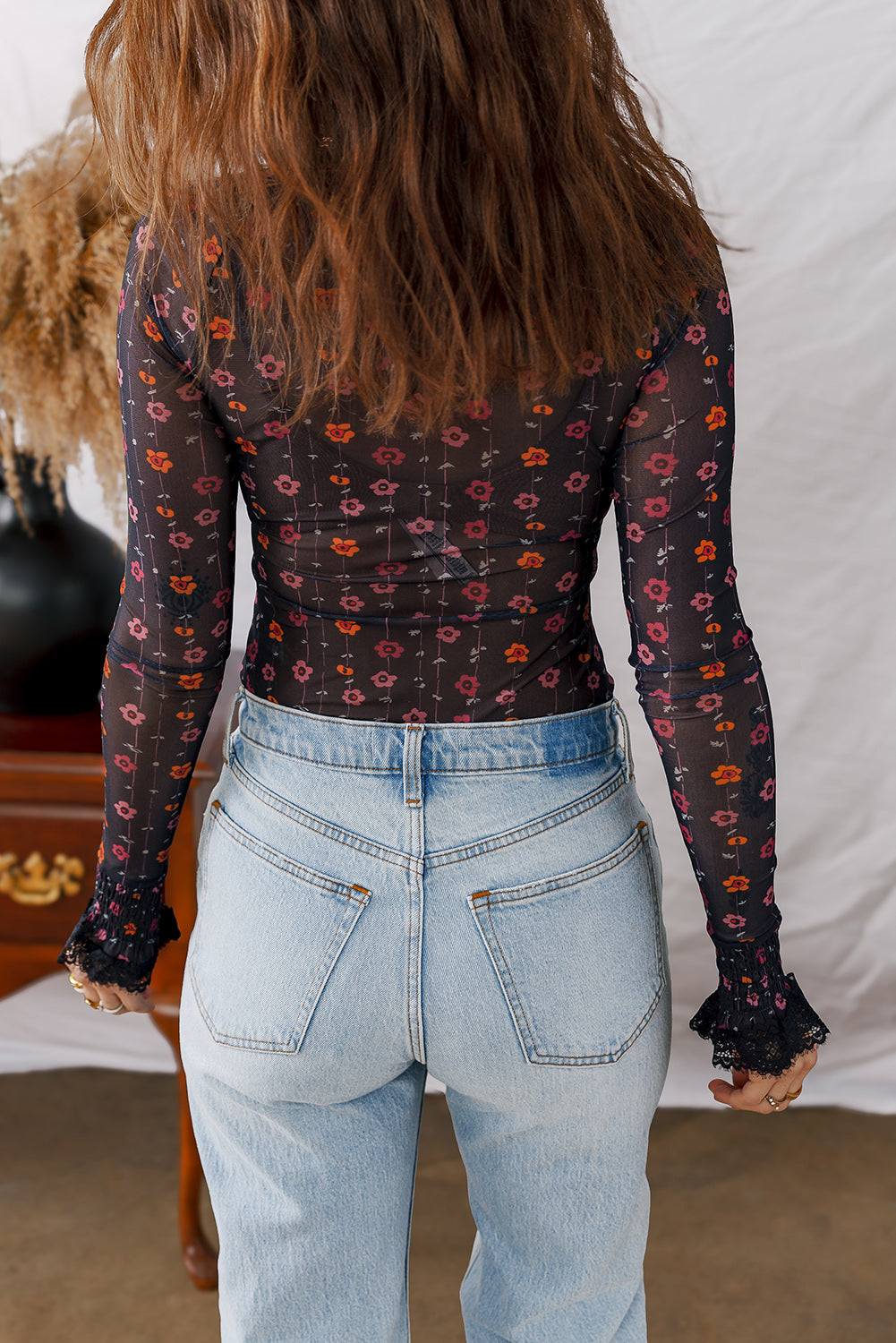 Black Floral Print Smocked Cuff Slim Fit Mesh Bodysuit-Bottoms/Jumpsuits & Rompers-[Adult]-[Female]-2022 Online Blue Zone Planet