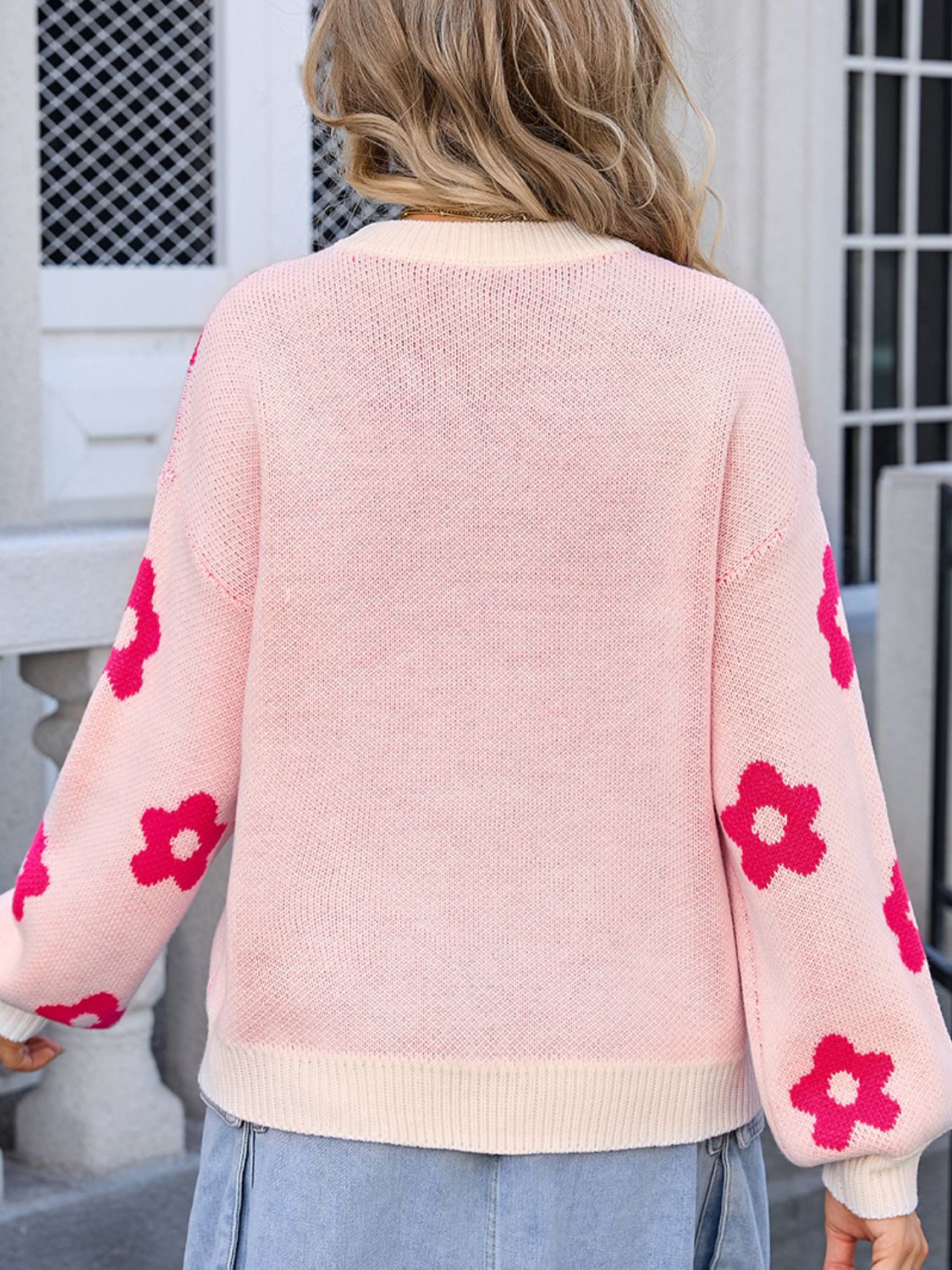 Flower Round Neck Dropped Shoulder Sweater-TOPS / DRESSES-[Adult]-[Female]-2022 Online Blue Zone Planet