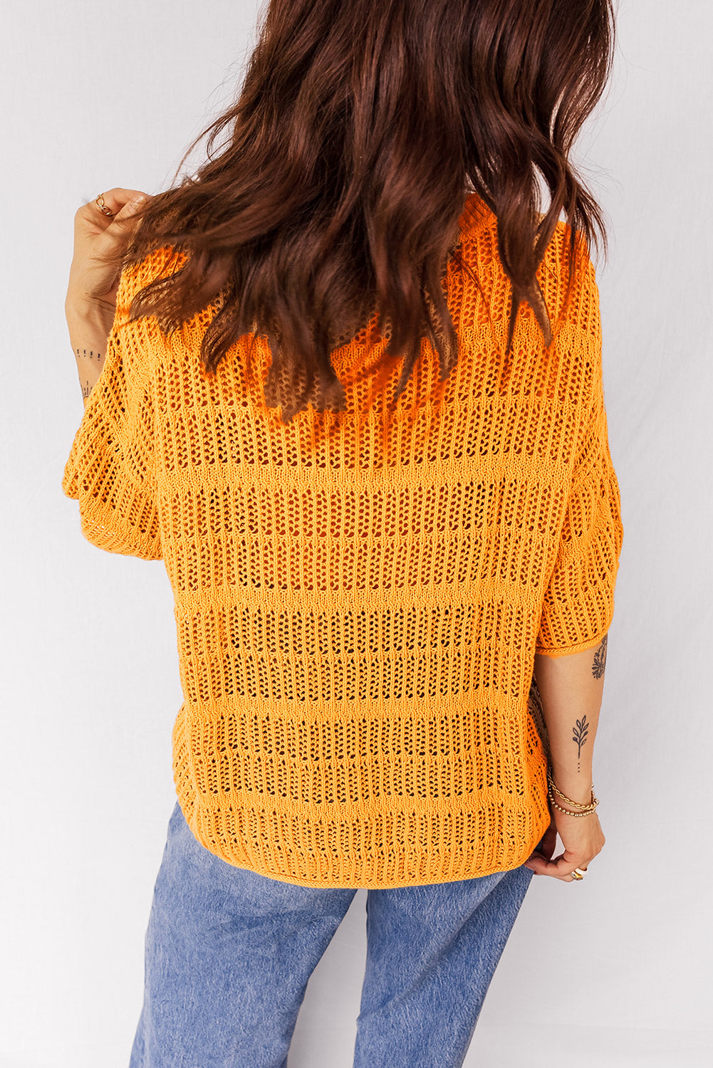 Mustard Hollow out Openwork Knit 3/4 Sleeve Sweater-TOPS / DRESSES-[Adult]-[Female]-2022 Online Blue Zone Planet