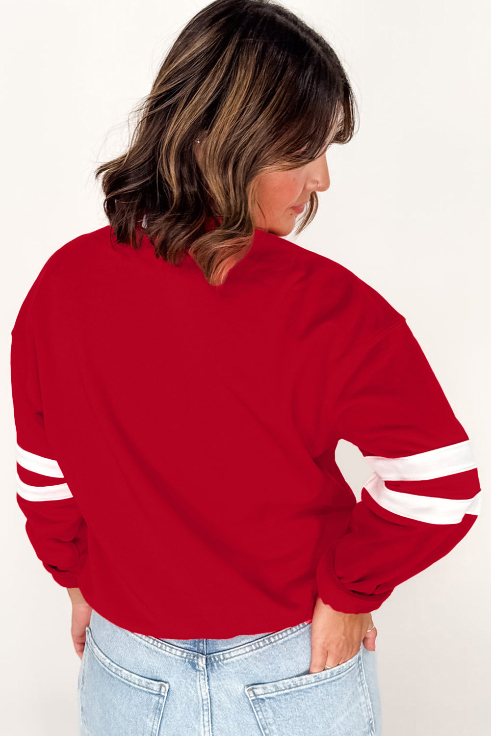 Light Grey Varsity Striped Detail Crew Neck Plus Sweatshirt