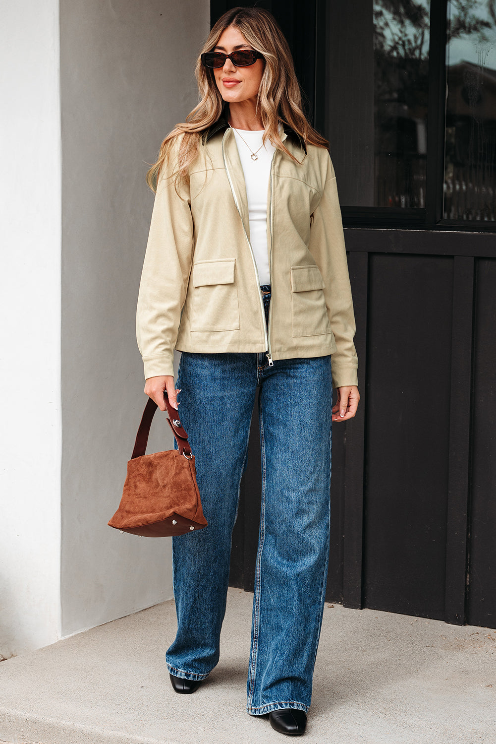 Parchment Contrast Leather Collar Textured Zip Up Jacket-Outerwear/Jackets-[Adult]-[Female]-2022 Online Blue Zone Planet