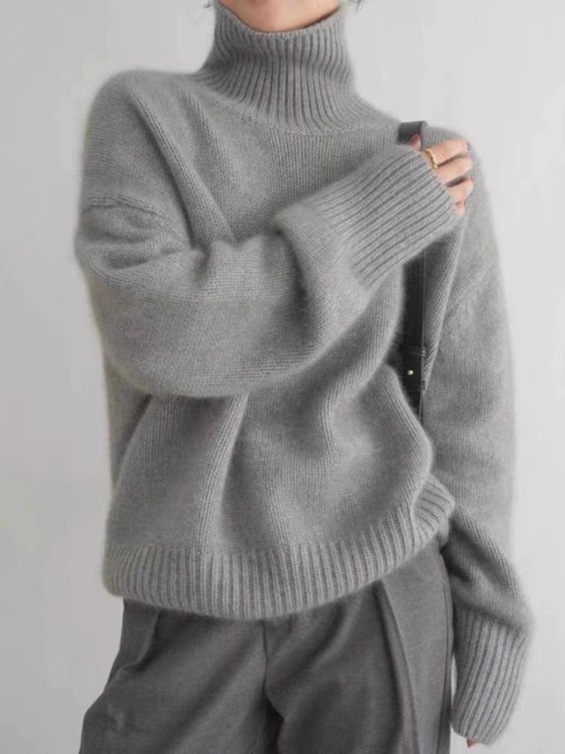 Turtleneck Dropped Shoulder Long Sleeve Sweater-[Adult]-[Female]-Gray-One Size-2022 Online Blue Zone Planet