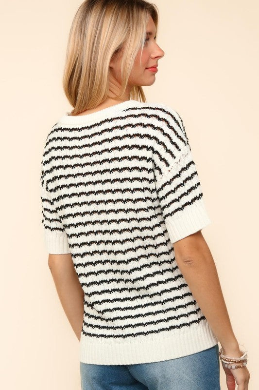 Haptics Openwork Striped Round Neck Half Sleeve Knit Top-TOPS / DRESSES-[Adult]-[Female]-2022 Online Blue Zone Planet