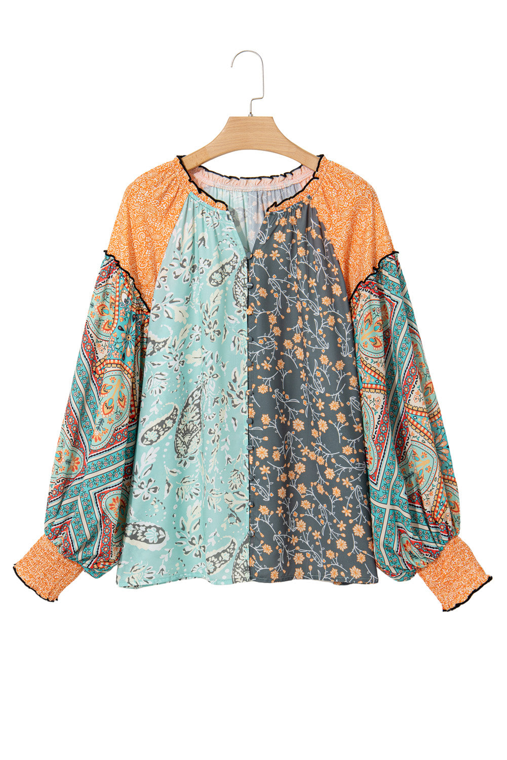 Green Floral Patchwork V Neck Lantern Sleeve Plus Size Blouse-Plus Size Tops-[Adult]-[Female]-2022 Online Blue Zone Planet