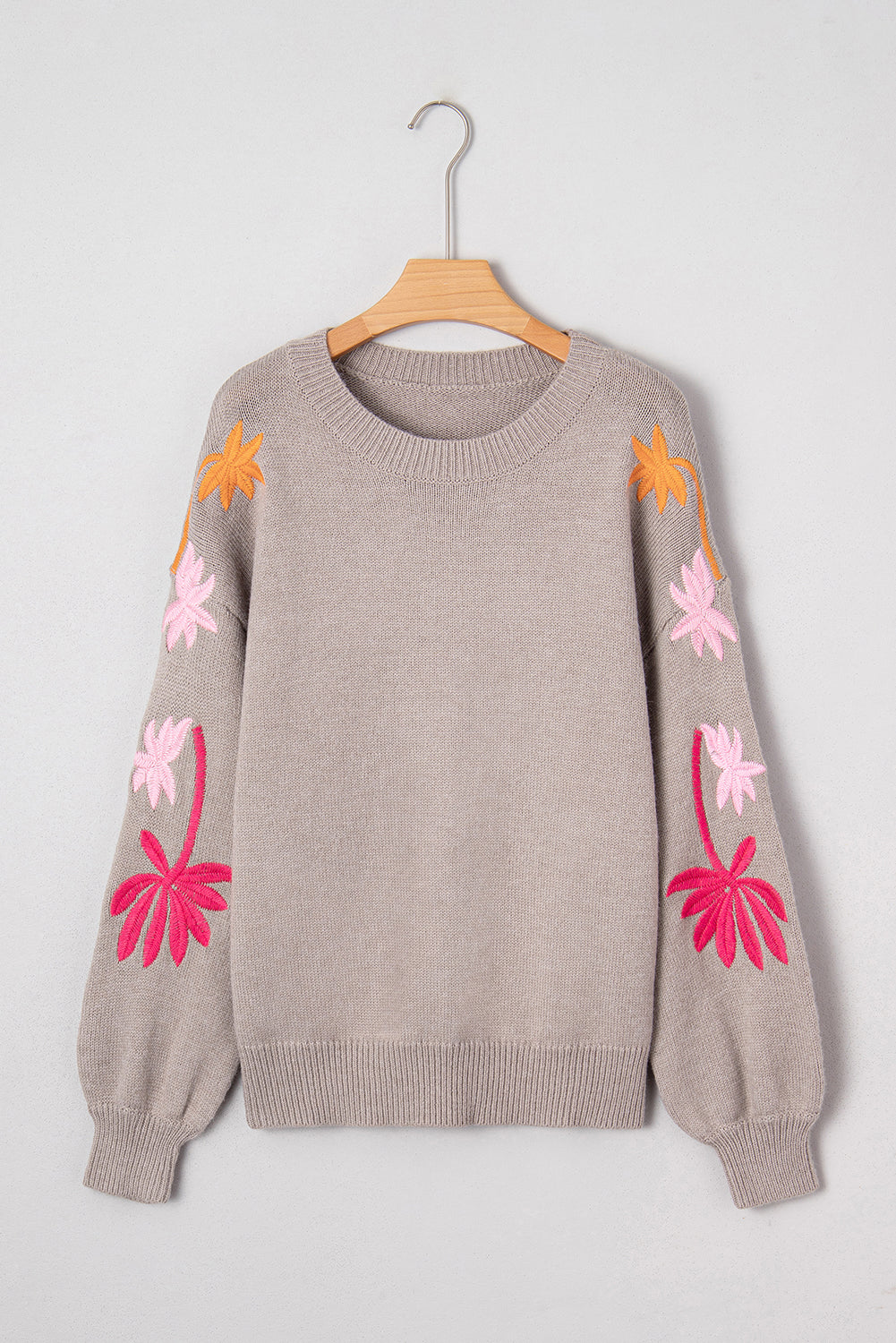Beige Embroidered Floral Sleeve Round Neck Loose Sweater-TOPS / DRESSES-[Adult]-[Female]-2022 Online Blue Zone Planet