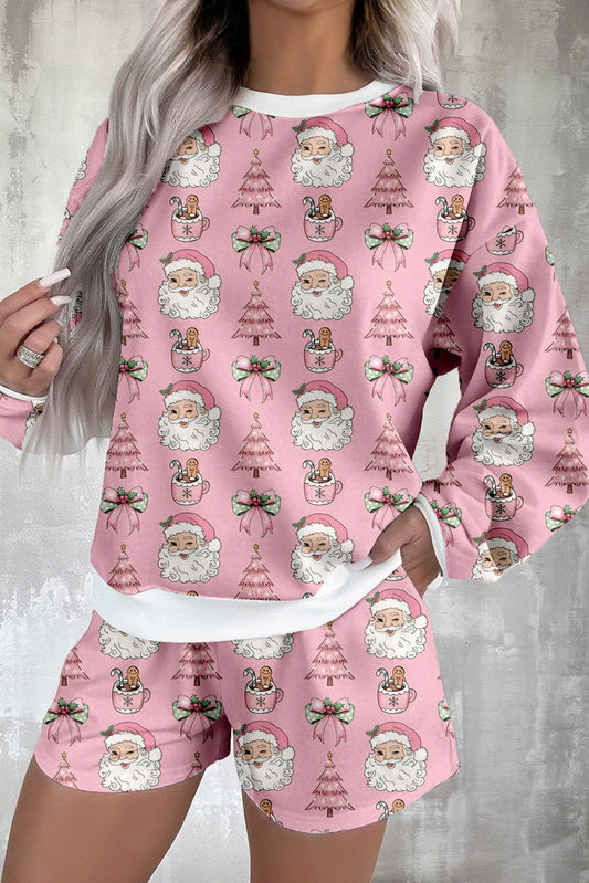 Pink Santa Claus Graphic Christmas Tree Pajama Set-Loungewear Set-[Adult]-[Female]-Pink-L-2022 Online Blue Zone Planet
