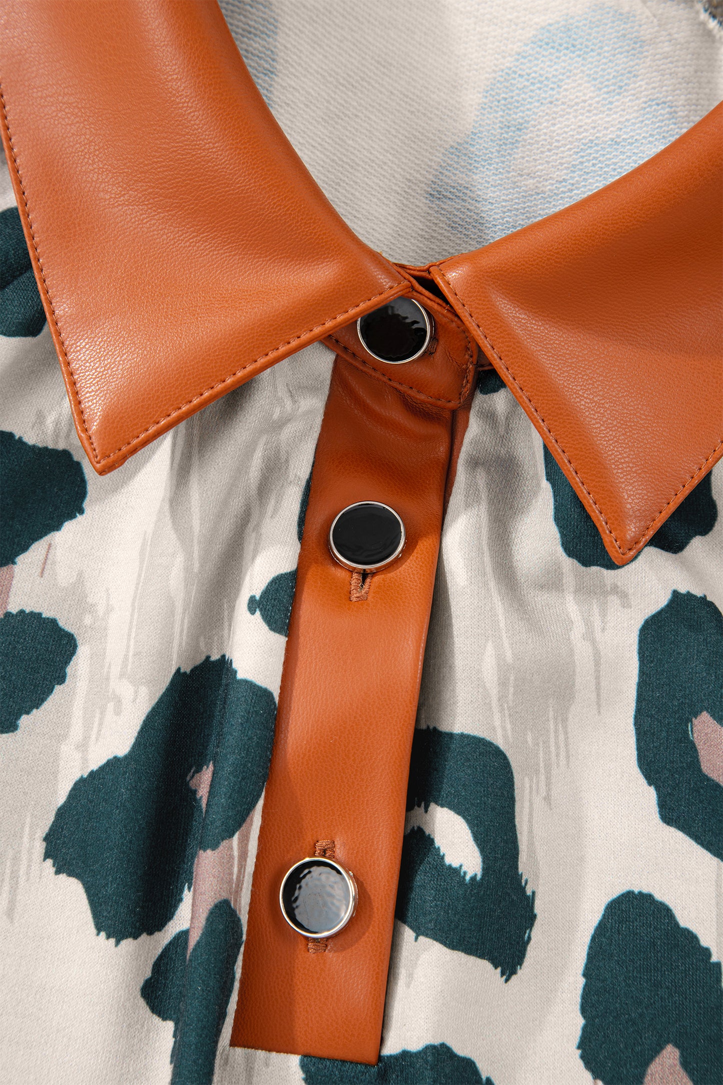 Casual Unique Leopard Print Button Contrast Collared Short Sleeve Blouse-Tops/Blouses & Shirts-[Adult]-[Female]-2022 Online Blue Zone Planet